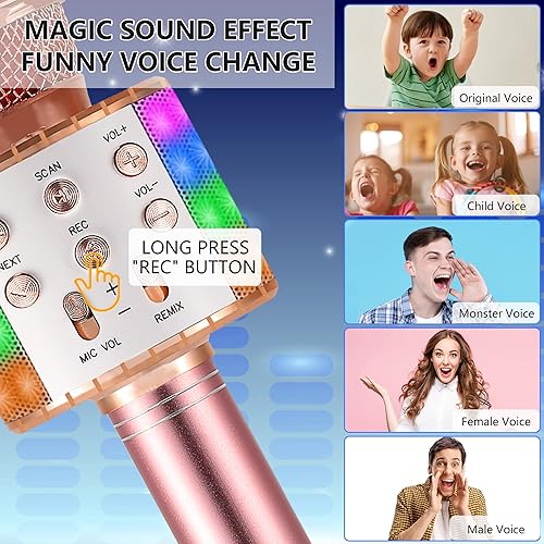 Miniatura 3 de Micrófono de karaoke para niños, inalámbrico Bluetooth portátil de mano, micrófono de karaoke para cantar, con luces LED, regalo para niñas, niños y