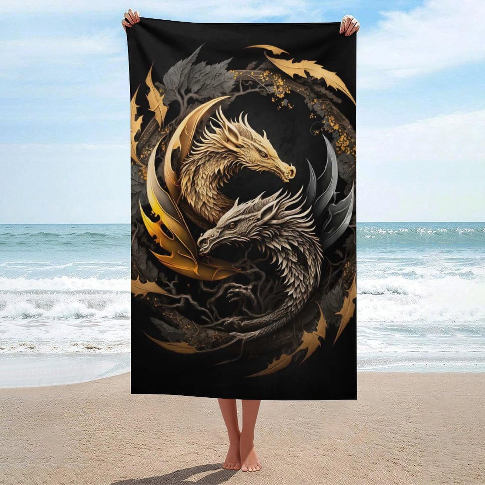 Serviette de plage dragon or : évadez-vous avec un drap de bain léger d'exception