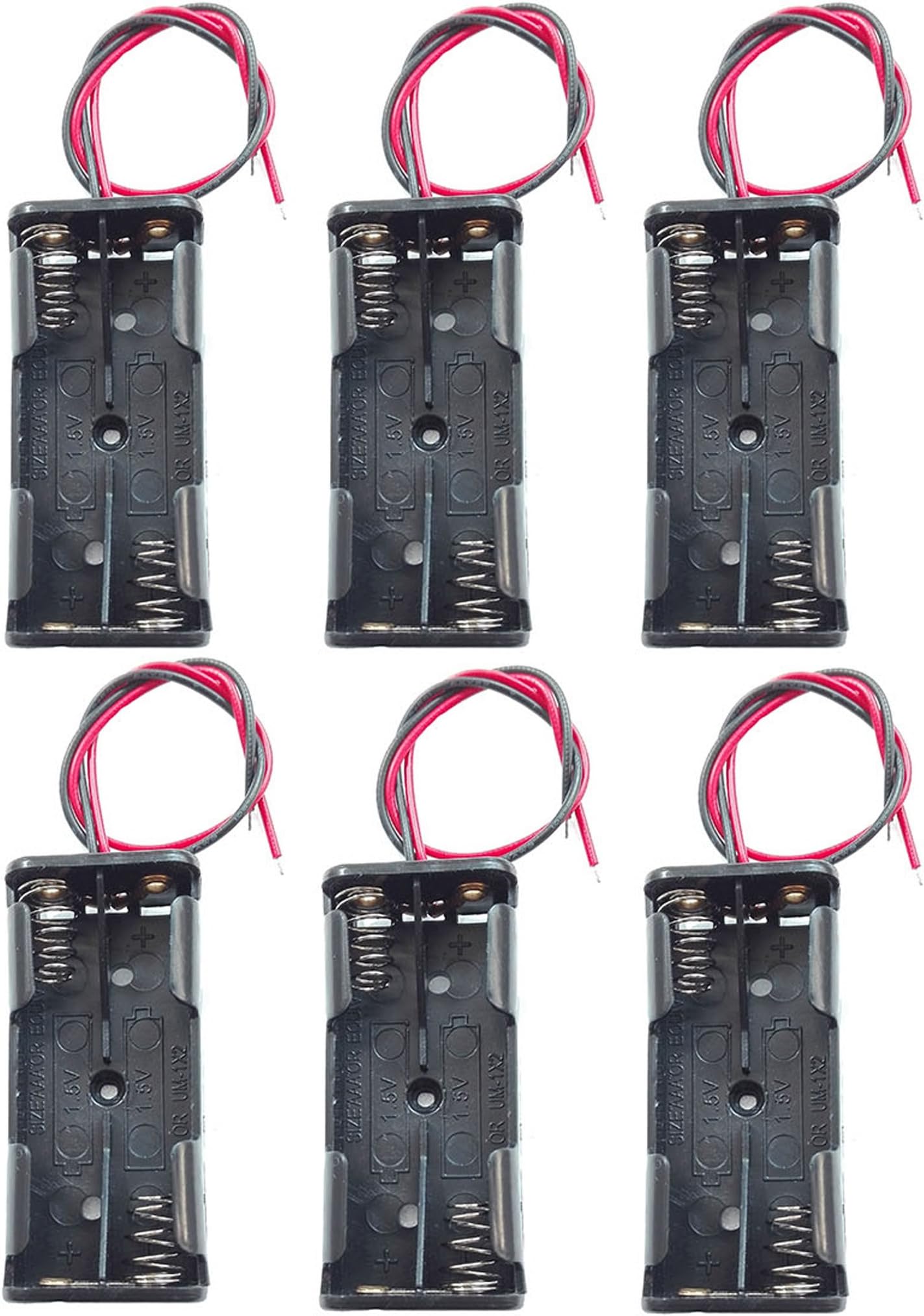 6PCS 2 x 1.5V AAA Battery Spring Clip Black Plastic 2 x 1.5V AAA Battery Case Holder Box Black Red Wire Leads