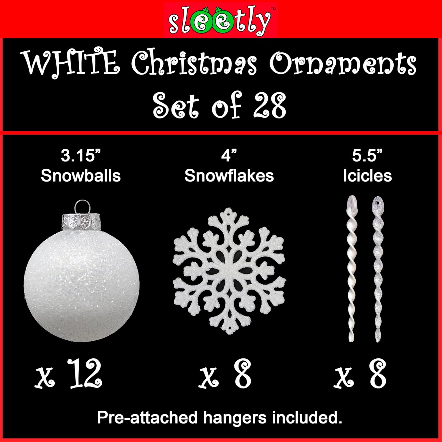 SLEETLY 28-Piece White Christmas Tree Ornaments – 12 Large 3.15” Shatterproof Glitter Snow Balls with 8 Icicles and 8 Snowflakes Set – Elegant Holiday Xmas Decorations for Farmhouse Winter Decor