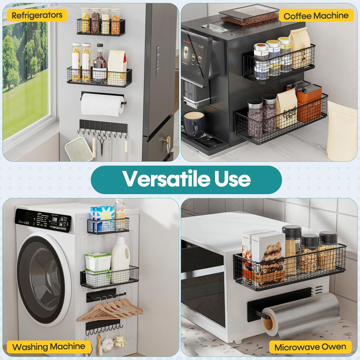 4 Pack Magnetic Shelves for Washing Machine， Heavy-Duty Magnetic Laundry Organizer, Spice Rack for Refrigerator, Space Saving Magnetic Basket