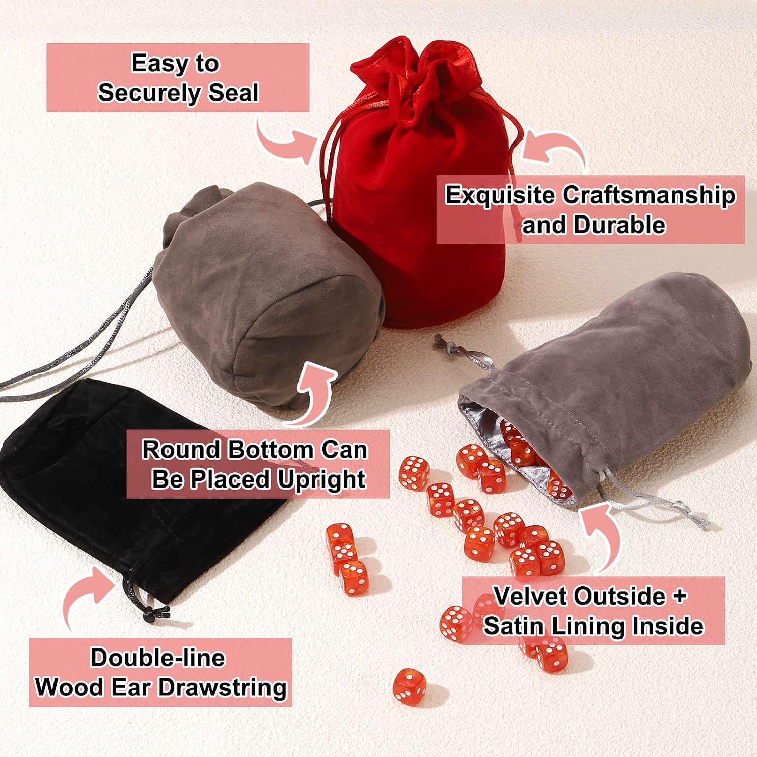 Drawstring Dice Bag 2.36"x4.92" Durable Velvet Fabric Cosplay Coin Pouch Perfect for Dice Storage & Jewelry & Chess & Tarot Cards & Board Gaming Accessories (Black+Red+Gray, 2set) image 3