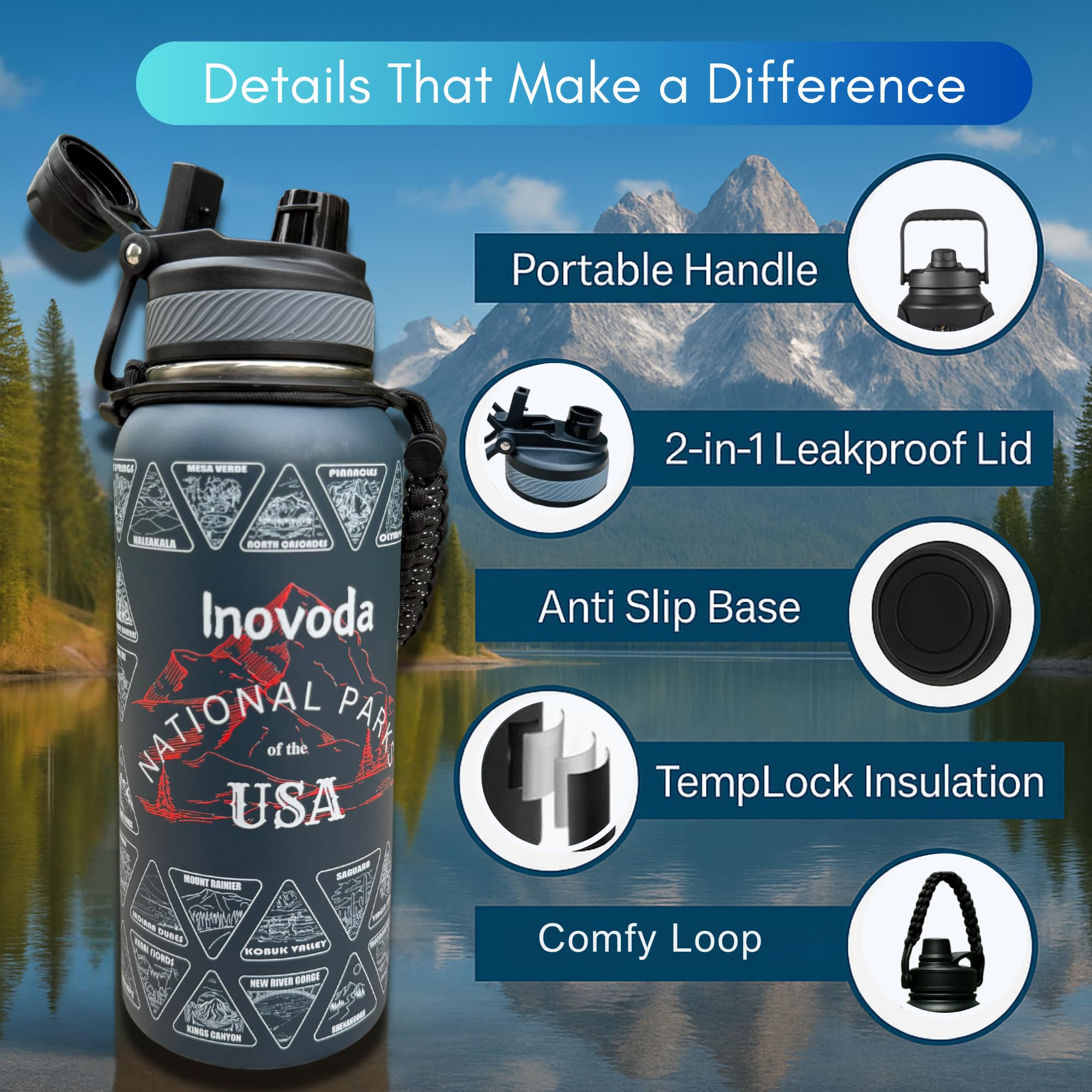 Inovoda National Parks Water Bottle With Waterproof stickers, 32oz LeakProof Stainless Steel Insulated Bottle, Suitable For Hiking, Camping & National Parks Gifts (Blue)