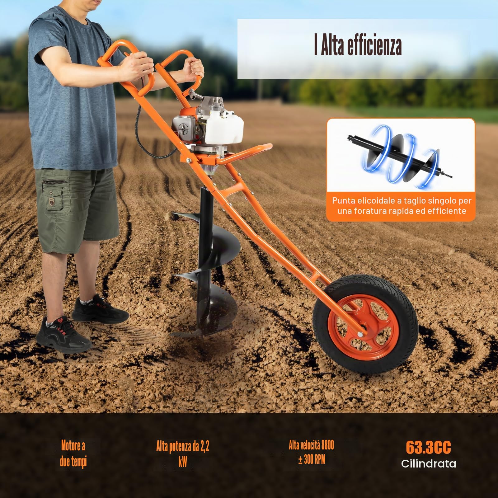 Trapano a benzina a 2 tempi, 63 CC 2,2 KW con ruote, trapano a benzina, trapano a terra con punte per trapano Ø 300 mm, punte per trapano da giardino Earth Auger con carriola (arancione)