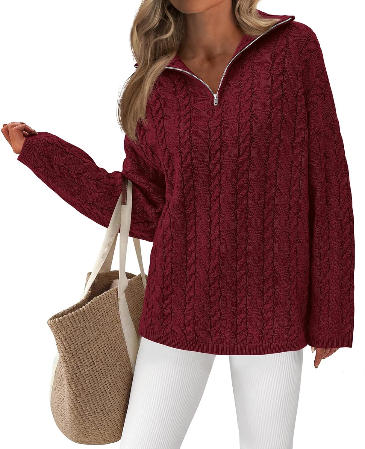 PRETTYGARDEN Womens Fall Sweaters 2025 Long Sleeve Quarter Zip Pullover Sweater Casual Loose V Neck Cable Knit Jumper
