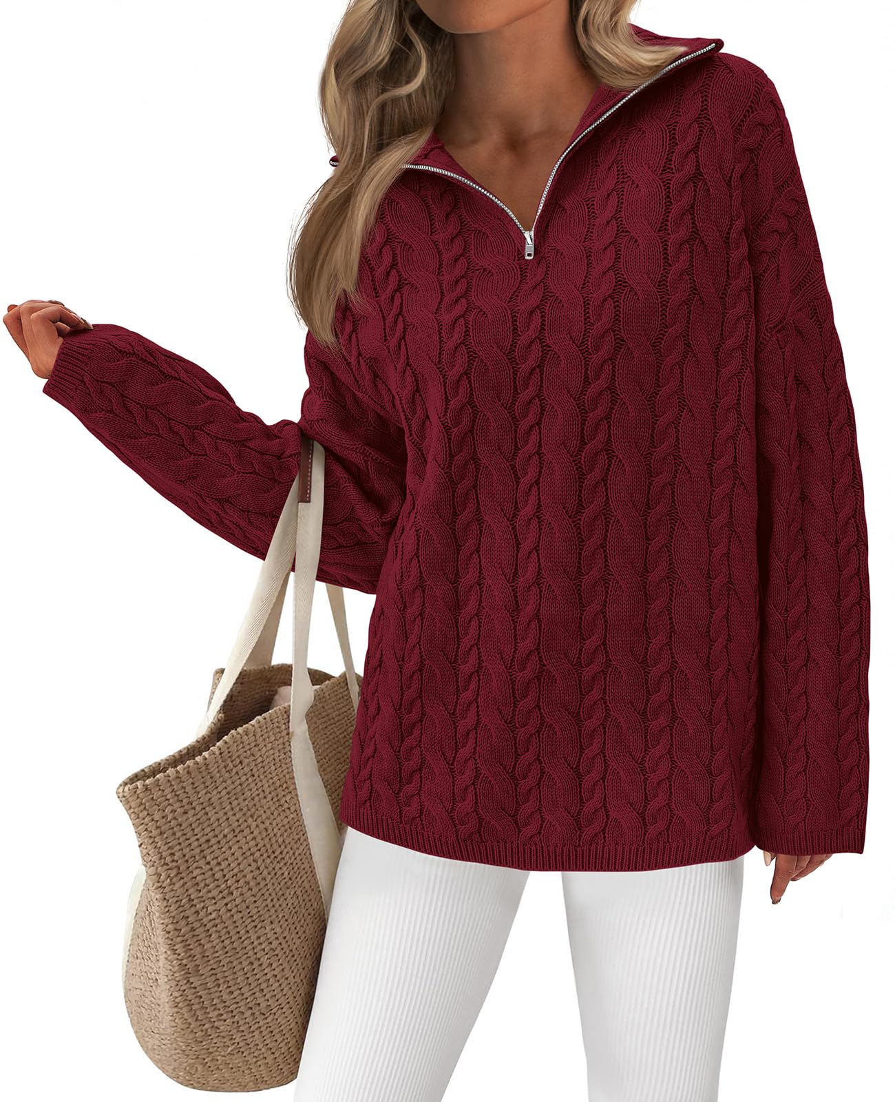 PRETTYGARDEN Womens Fall Sweaters 2025 Long Sleeve Quarter Zip Pullover Sweater Casual Loose V Neck Cable Knit Jumper