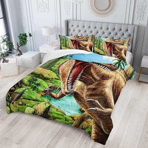 Miniatura 2 de Juego de edredón de dinosaurio 3D tamaño matrimonial para niños y niños, juego de ropa de cama de dinosaurio Jurassic Jungle de 3 piezas, incluye 1