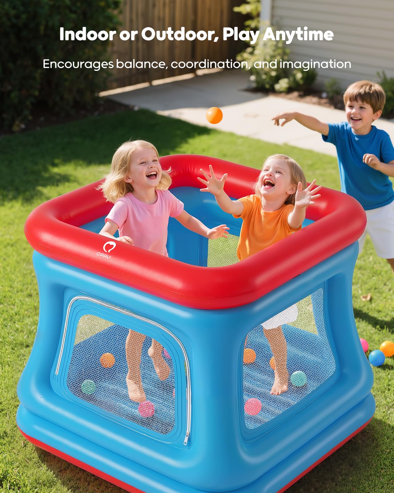 QPAU Piscina de bolas y trampolín 3 en 1 para niños pequeños, castillo hinchable con red de seguridad, juguete para exteriores para niños de 1 a 3 años, castillo hinchable para interiores, zona de