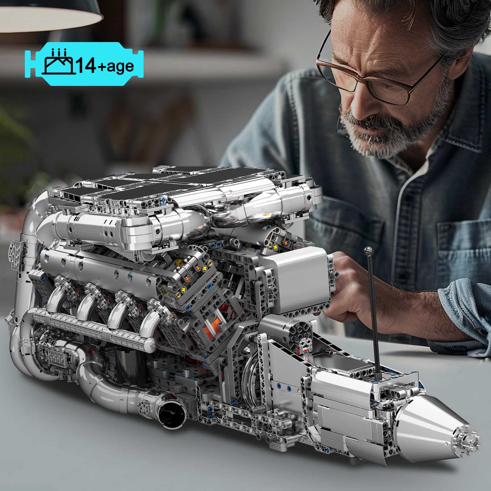 Mould King 10168 Technik V8 Motor, 2899 Teile High-Tech Doppel-Turbo-Motor Modell, Groß V8-Zylinder Motorblock Klemmbausteine Bauset