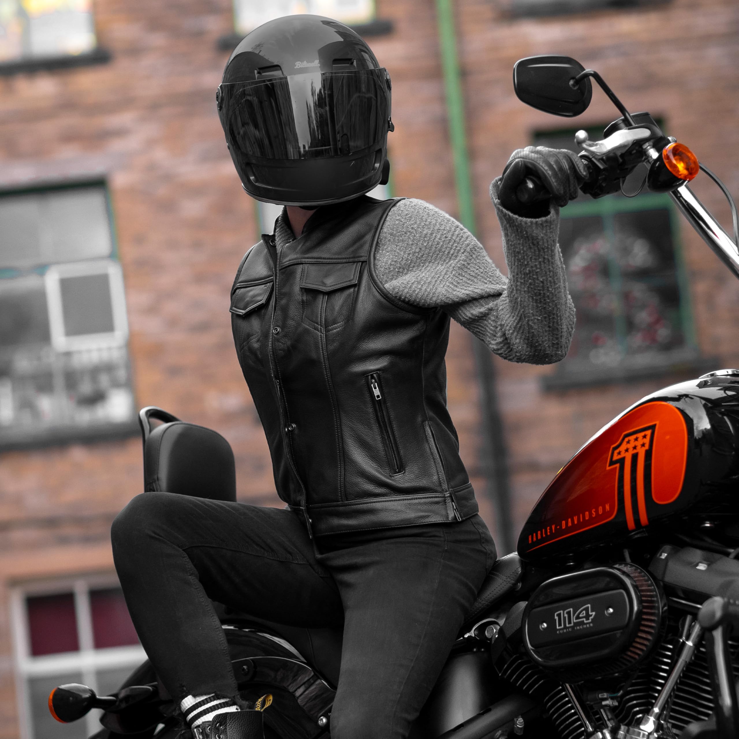 Leatherick Damen-Motorradweste schwarzes Leder Bikerweste weiches Futter verstellbar