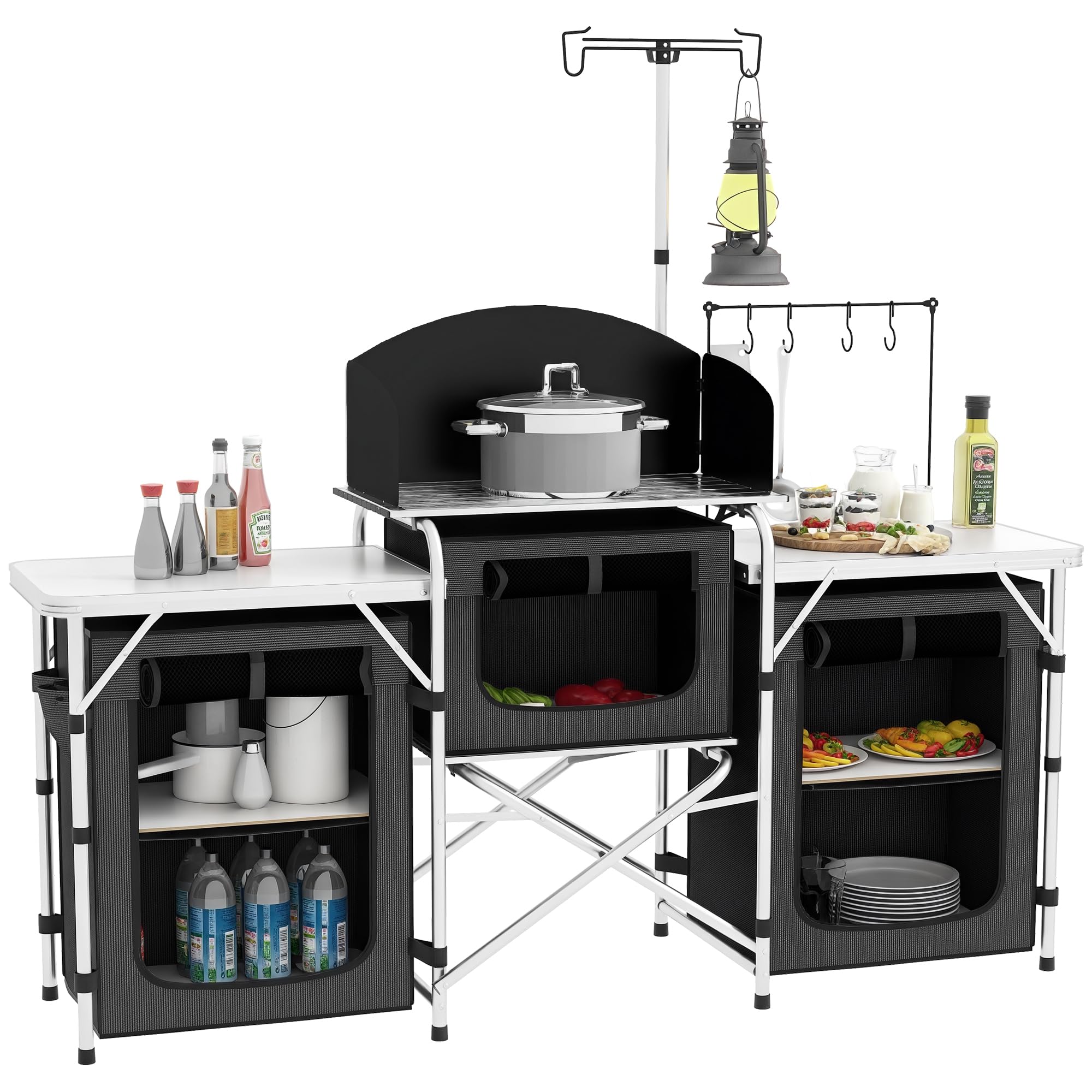 Outsunny Camping Kitchen Table, Portable Folding Camp Kitchen, Aluminum Cook Station with 3 Fabric Cupboards, Windshield, Carrying Bag for BBQ, RV,
