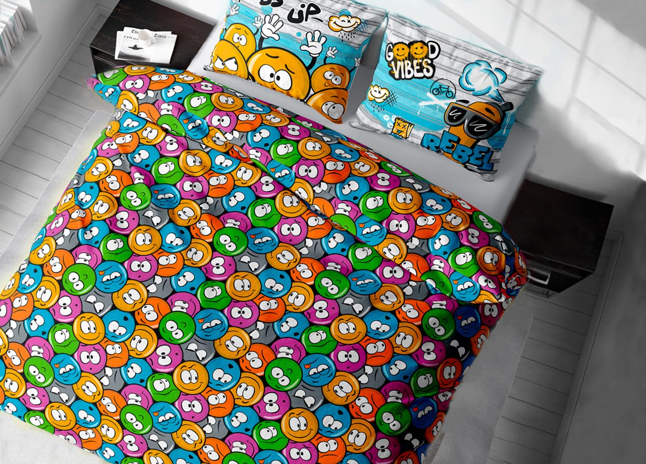 BIANCHERIAWEB Sacco Copripiumino In 100% Cotone Made Italy Disegno Emoji Piazza E Mezza Emoji