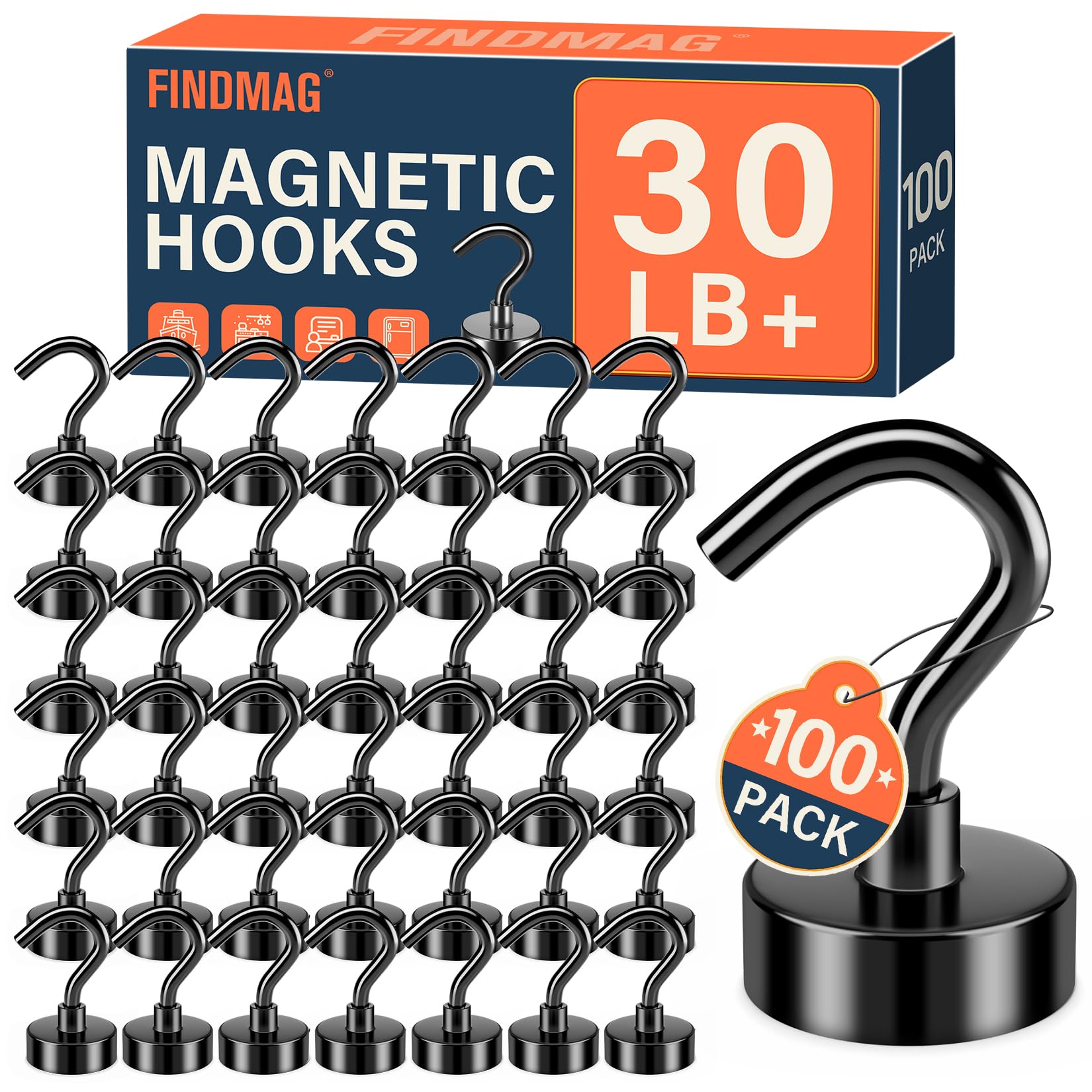 FINDMAG Paquete de 100 ganchos magnéticos de neodimio de 25 libras para colgar, ganchos magnéticos con gancho para baño, cocina, toalla, oficina, garaje, color plateado