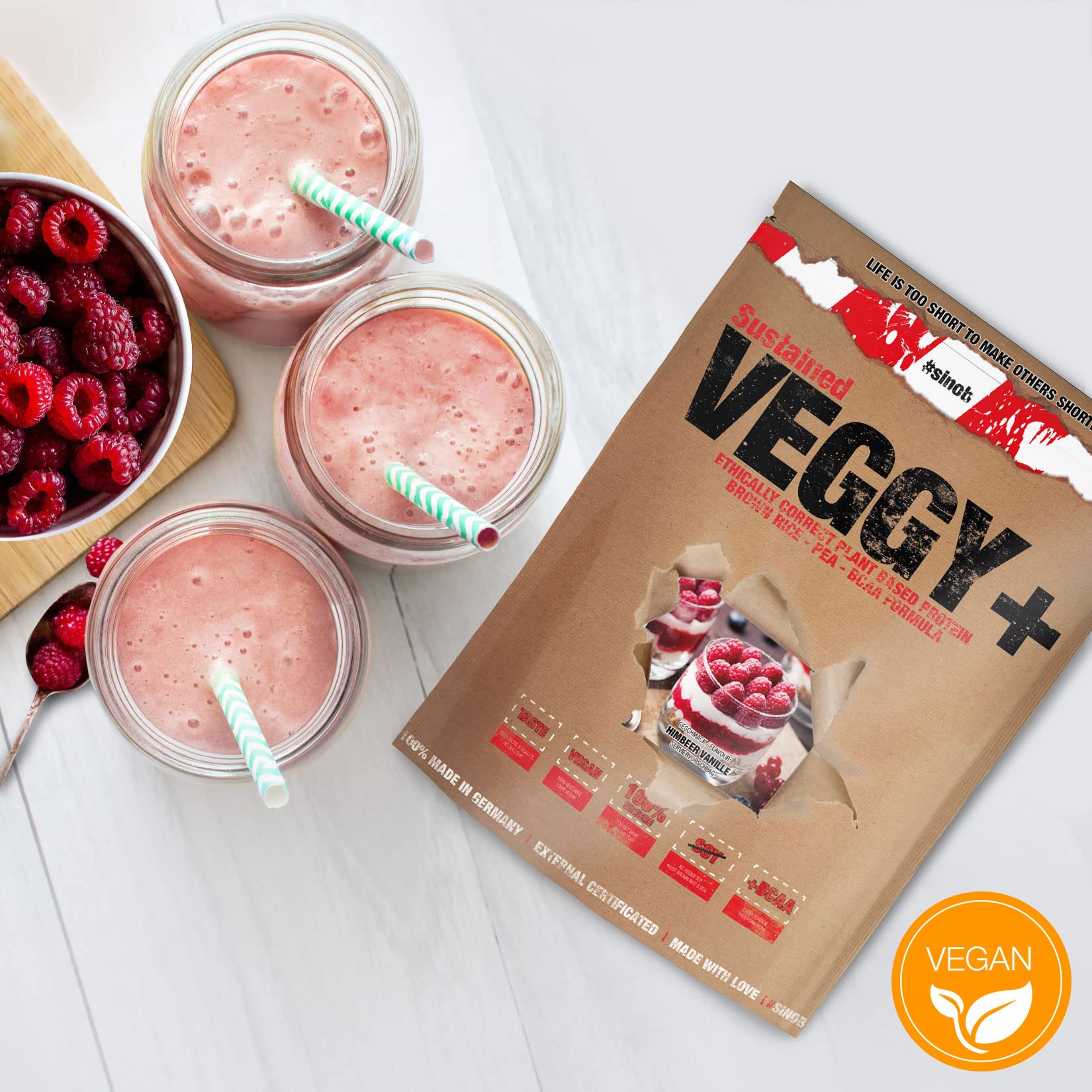 Veggy+ Veganes Proteinpulver (Vanille Himbeere) aus Reis- und Erbsenprotein Pulver mit vegan BCAAs 1 x 900 g Protein Pulver für Veganer. Mehrkomponenten Protein Pulver 70 prozent Eiweiss