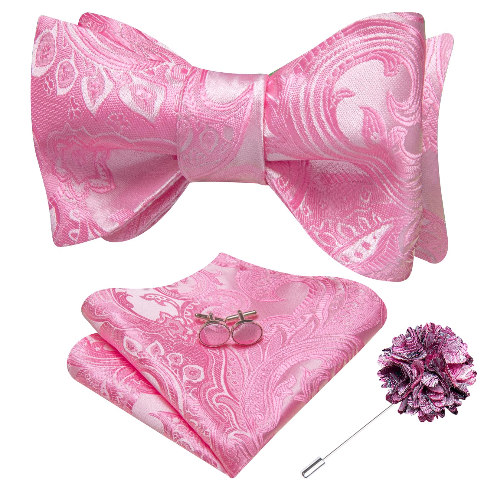Dubulle Self Tie Bow Ties for Men Mens Pink Bowtie and Lapel Pin Paisley Floral Suit Handkerchief Cufflinks Set Wedding