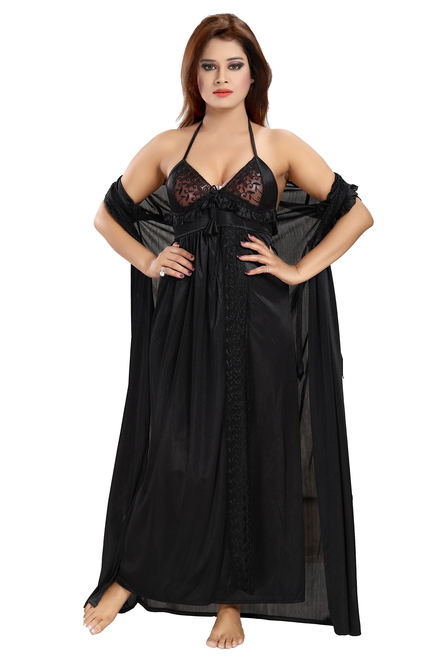 romaisa Women's Satin Solid Maxi Length Nighty with Robe (Size - Free Size) (Nightwear Set Pack of 2)-picture-27