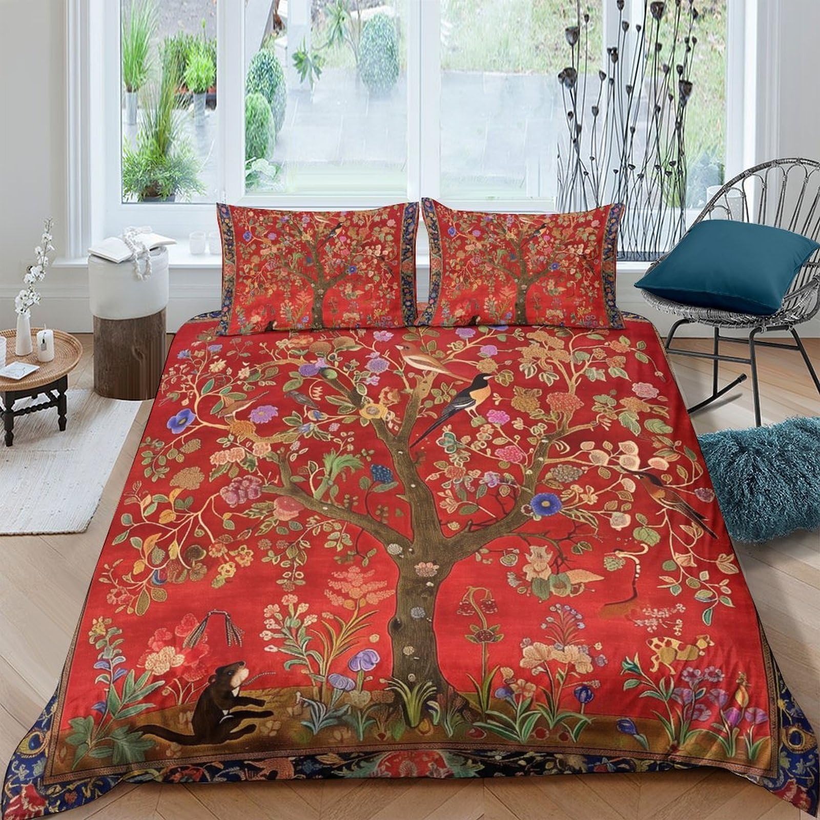 Ctjqhvkz Style-3 3D Printed Red Tree Blossom Fitted Sheet Microfiber Non-Slip Floral Bird Mattress Cover For Bedroom Decor Single（135X200cm）