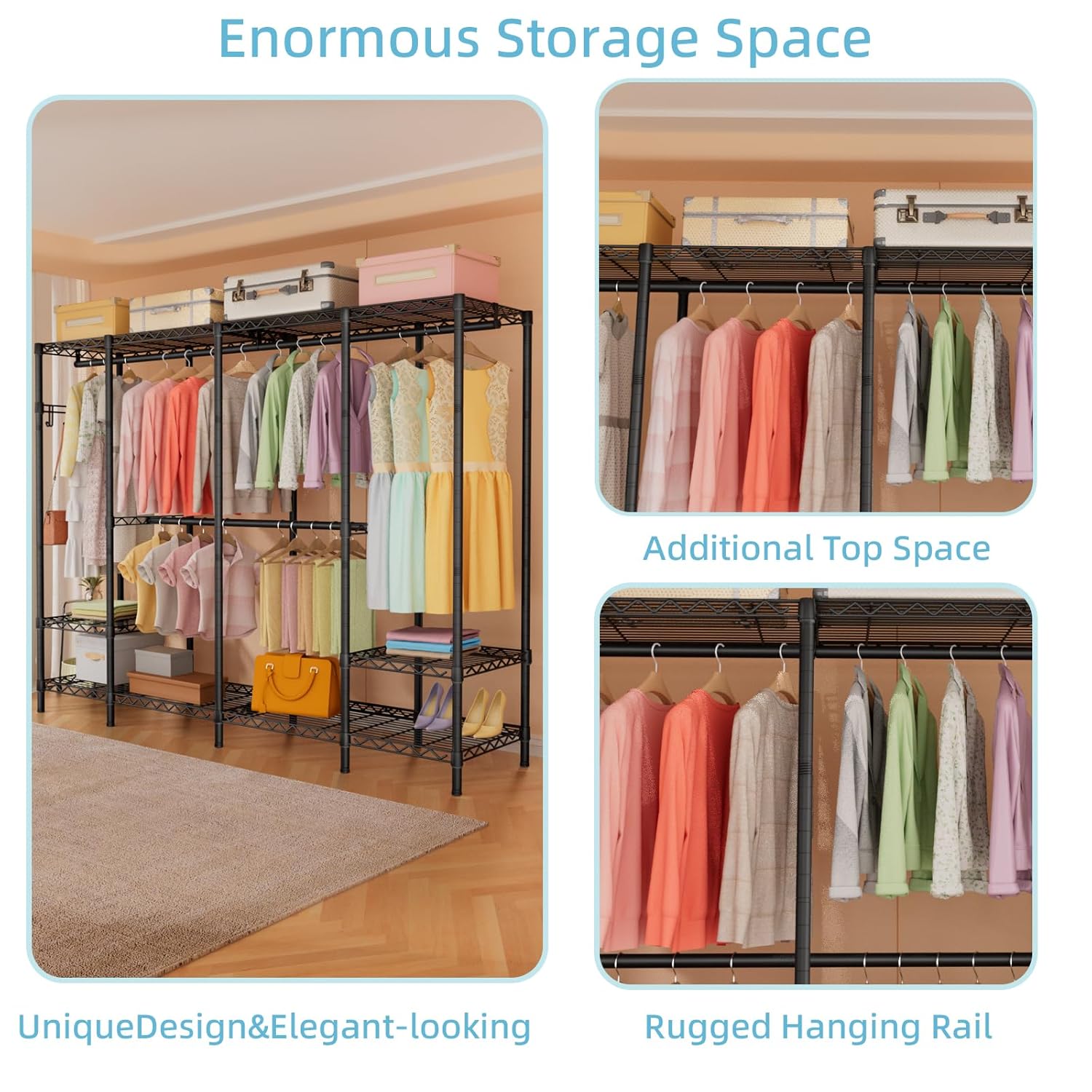 Two images showing the wardrobe rack's storage capabilities. One shows a full setup with clothes and boxes, labeled 'Unique Design & Elegant-looking'. The other shows a close-up of clothes on a hanging rail, labeled 'Rugged Hanging Rail'.