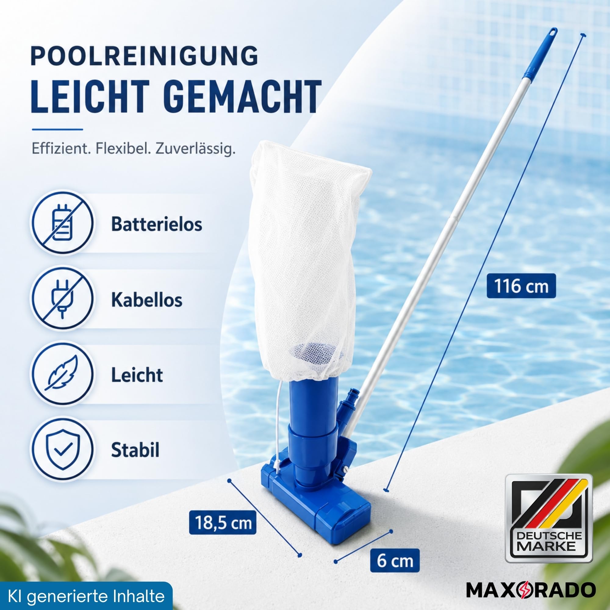Hand Poolsauger passend für Gardena Gartenschlauch I Pool Bodendüse + Stange Sauger Poolbürste Poolreiniger Bodenreiniger Saugbürste Poolboden