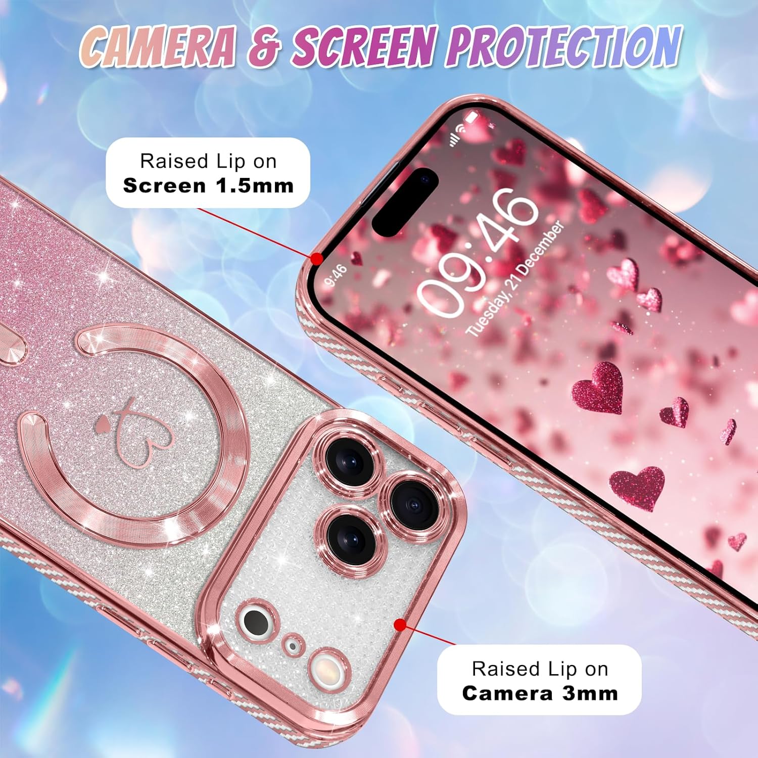 Bonoma Compatible with iPhone 17 Pro Max Case 2025 Support for MagSafe, Plating Heart Glitter Magnetic Case TPU Camera Protection Back Cover for Phone Case -Pink - Image 4