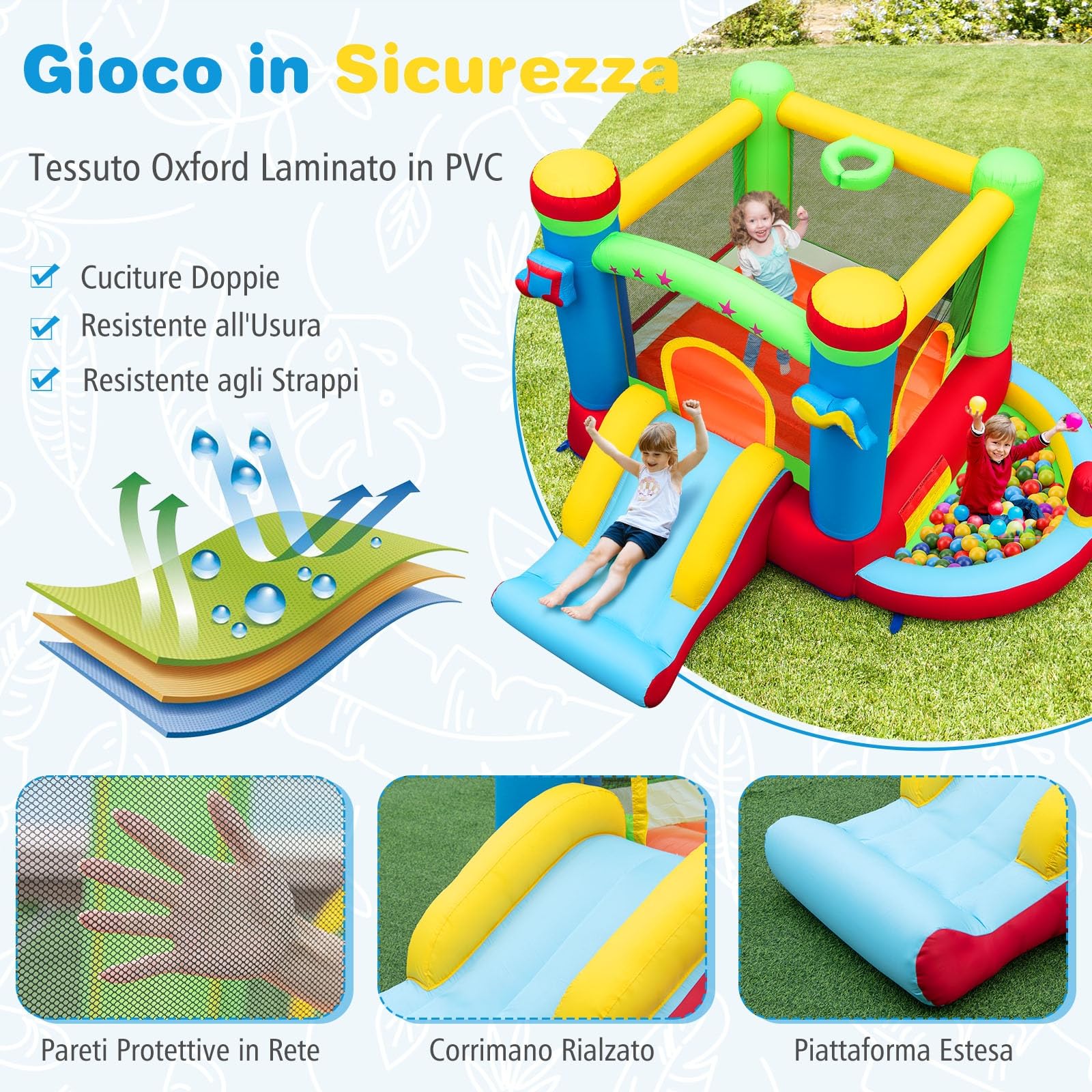GYMAX Castello Gonfiabile per Bambini 3-12 Anni, 294 x 290 x 190 cm, Carico 90 kg, con Scivolo, Piscina, Boxe, Canestro da Basket, Borsa di Trasporto, Parco Acquatico Centro di Gioco