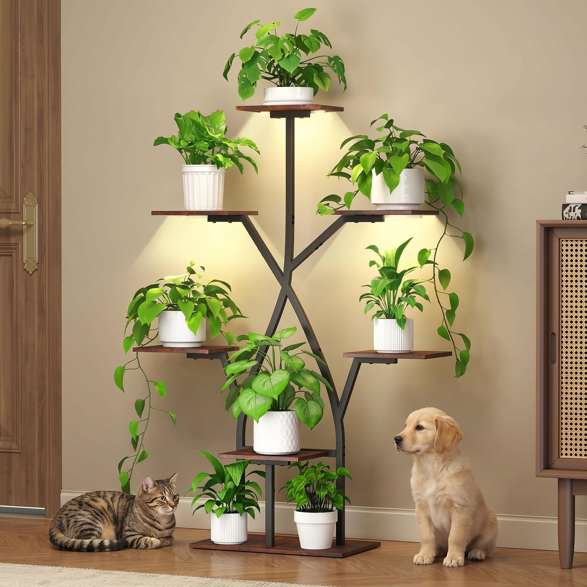 Turosur Plant Stand Indoor with Grow Lights,50" Plant Shelf Corner Lighted Plant Stands for Indoor Growing,7 Tiered Large S-Shape Metal Display Shelves Plant Rack for Home Decor Patio Balcony