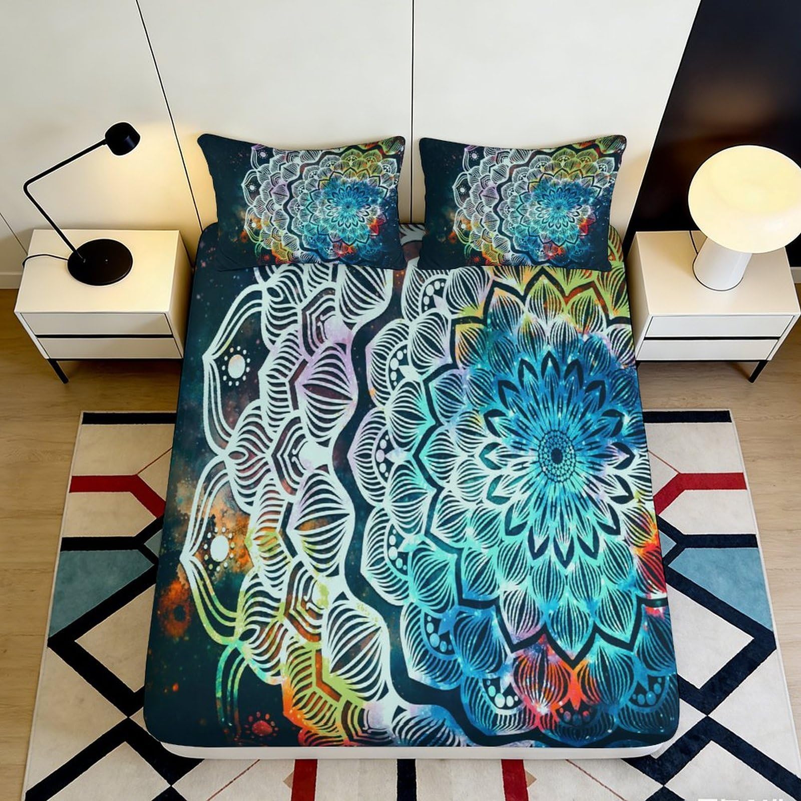 Jqzkxnhpbr Style-8 3D Printed Mandala Blue Fitted Sheet Microfiber Soft Boho Abstract Mattress Cover Bedroom Dorm Protection Decor 118 Char 90X200x25cm