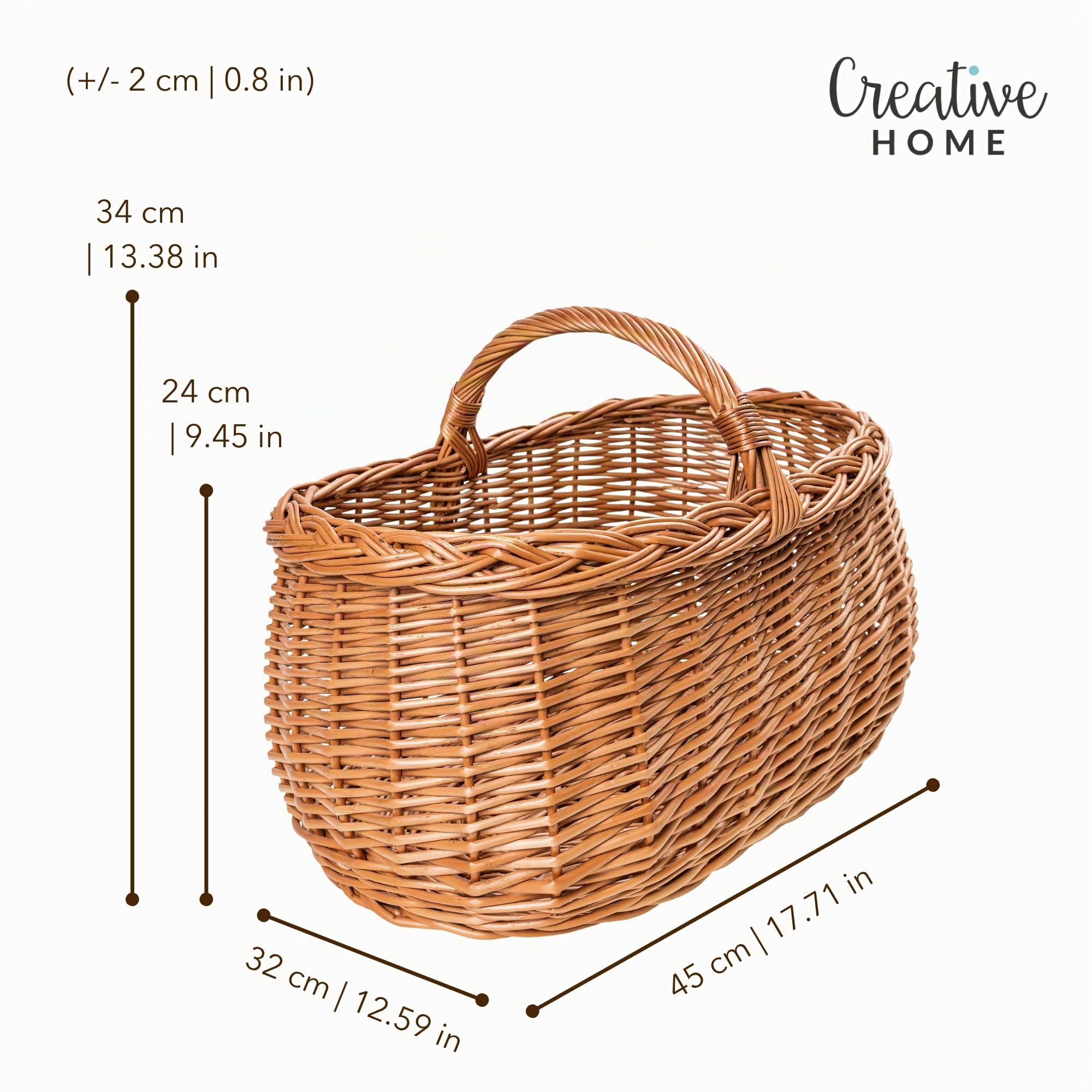 Creative Home Cestino in Vimini con Manico e Treccia | Cestino per Auto, Cesto Funghi Picnic | 45 x 32 x 34 cm (+/- 1 cm) | Intrecciato a Mano, Durevole | Salice Naturale Marrone Spesso | Multiuso