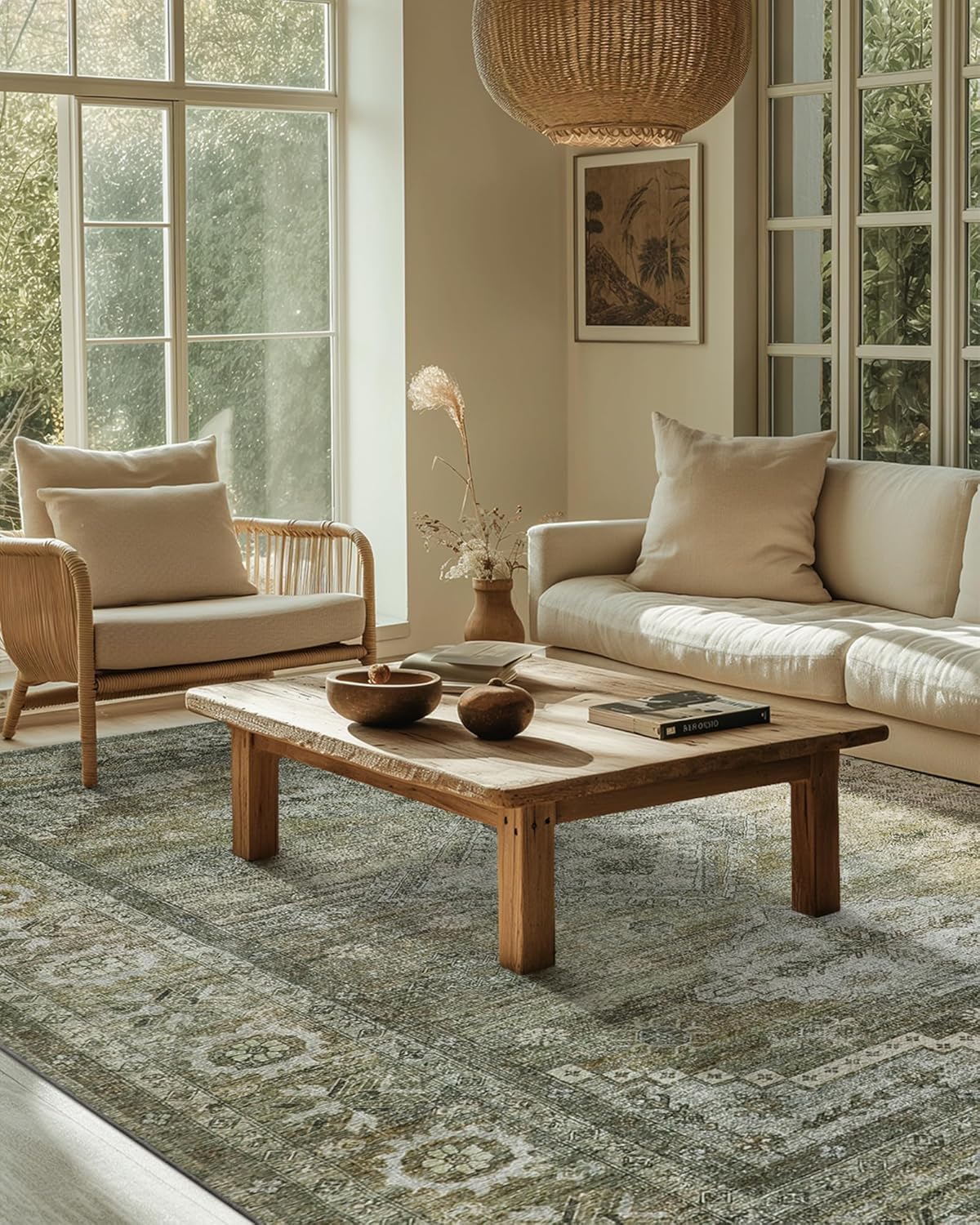 Washable Rugs 8x10 Area Rugs for Living Room Bedroom, 8x10 Area Rugs Neutral Rug, Vintage Print Sage Green Carpet, Low Pile Thin Mat with Non Slip Backing Green/Olive 8X10