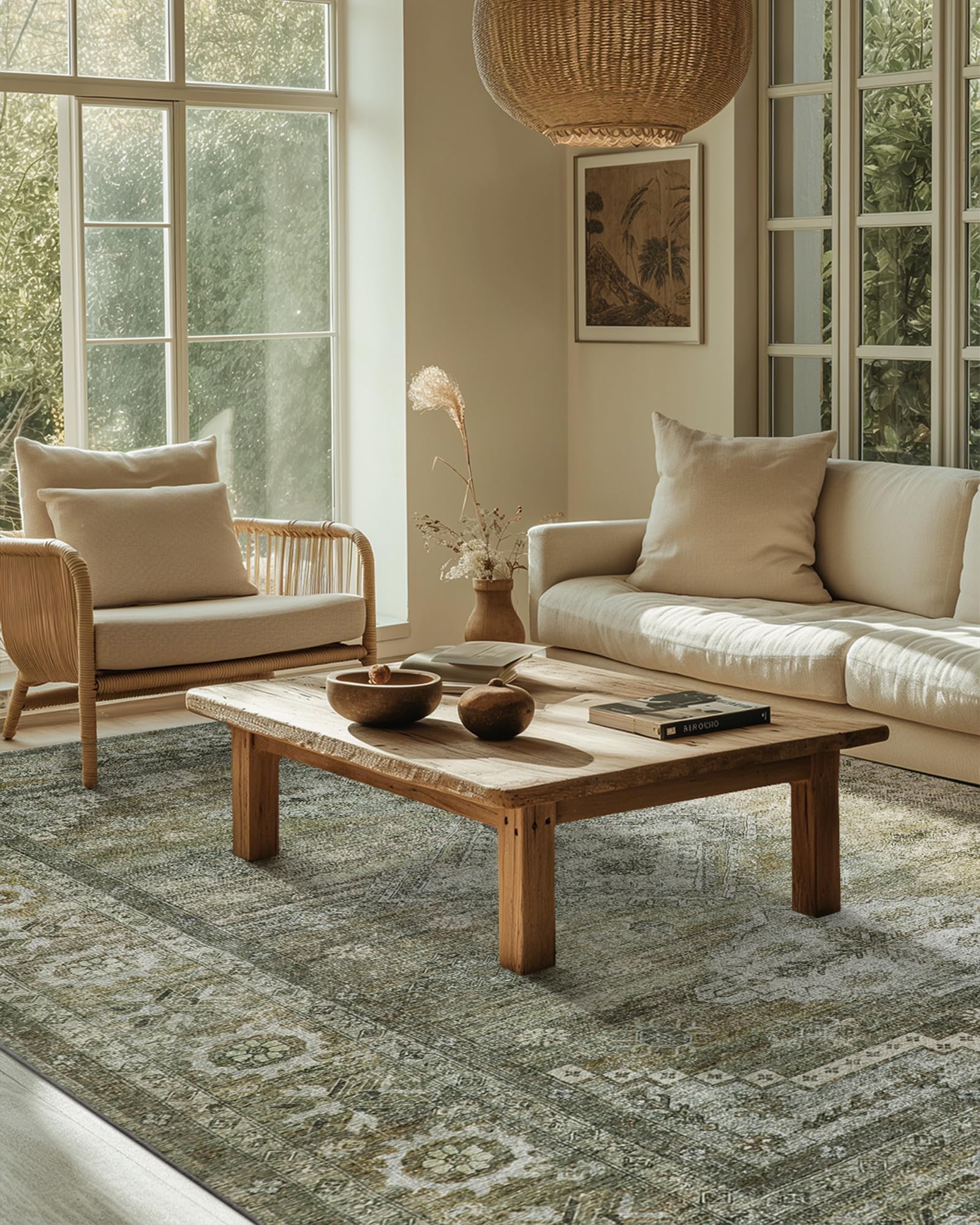 9x12 Area Rugs for Living Room Bedroom, Machine Washable Neutral Rug, Vintage Print Sage Green Carpet, Low Pile Thin Mat with Non Slip Rubber Backing