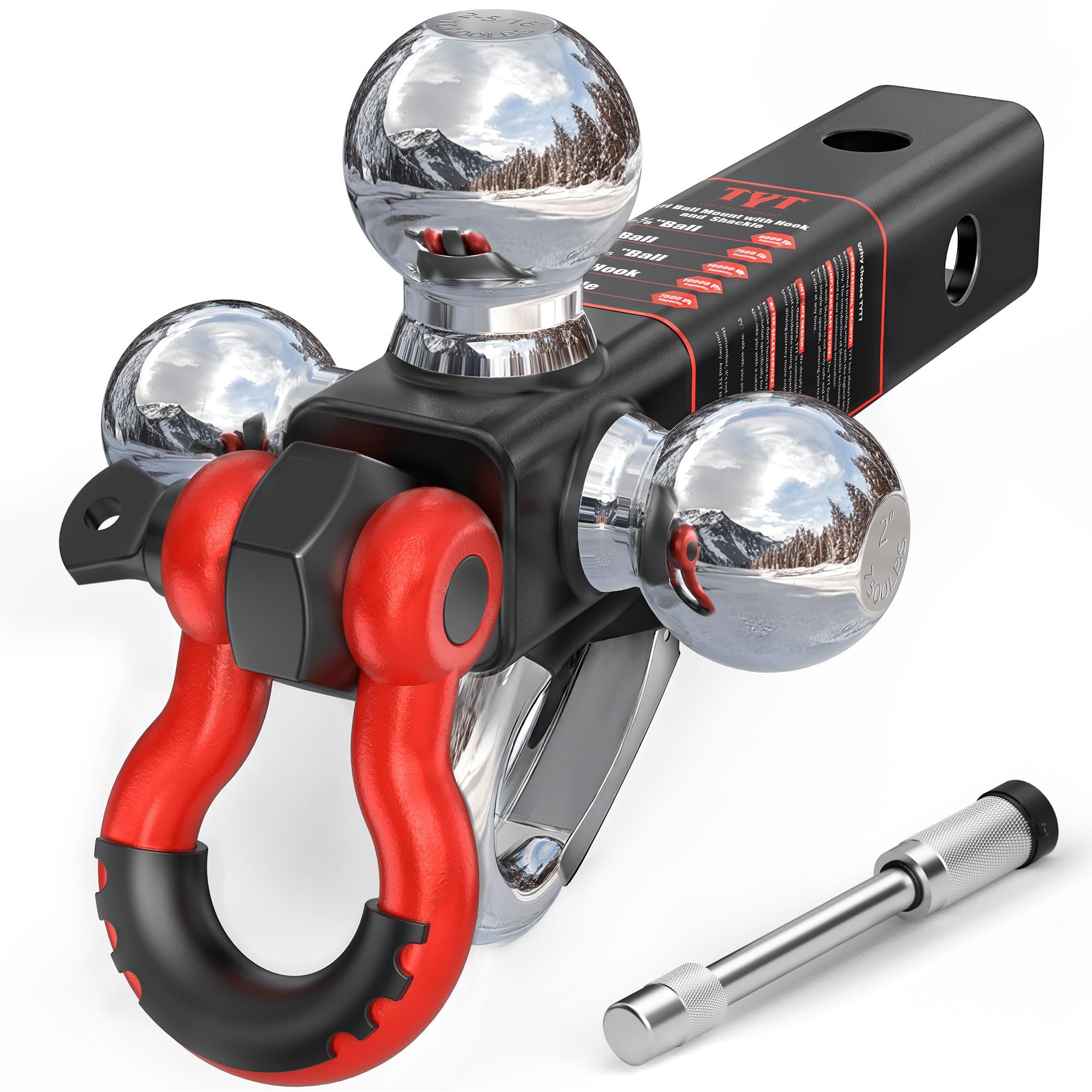 TYT Tri Ball Mount Trailer Hitch ,Fits 2 inch Receiver, Triple Balls (1-7/8", 2", 2-5/16") with Tow Hook & Shackle,10,000lbs GTW,1,000 lbs Tongue Weight, Includes Hitch Pin Lock