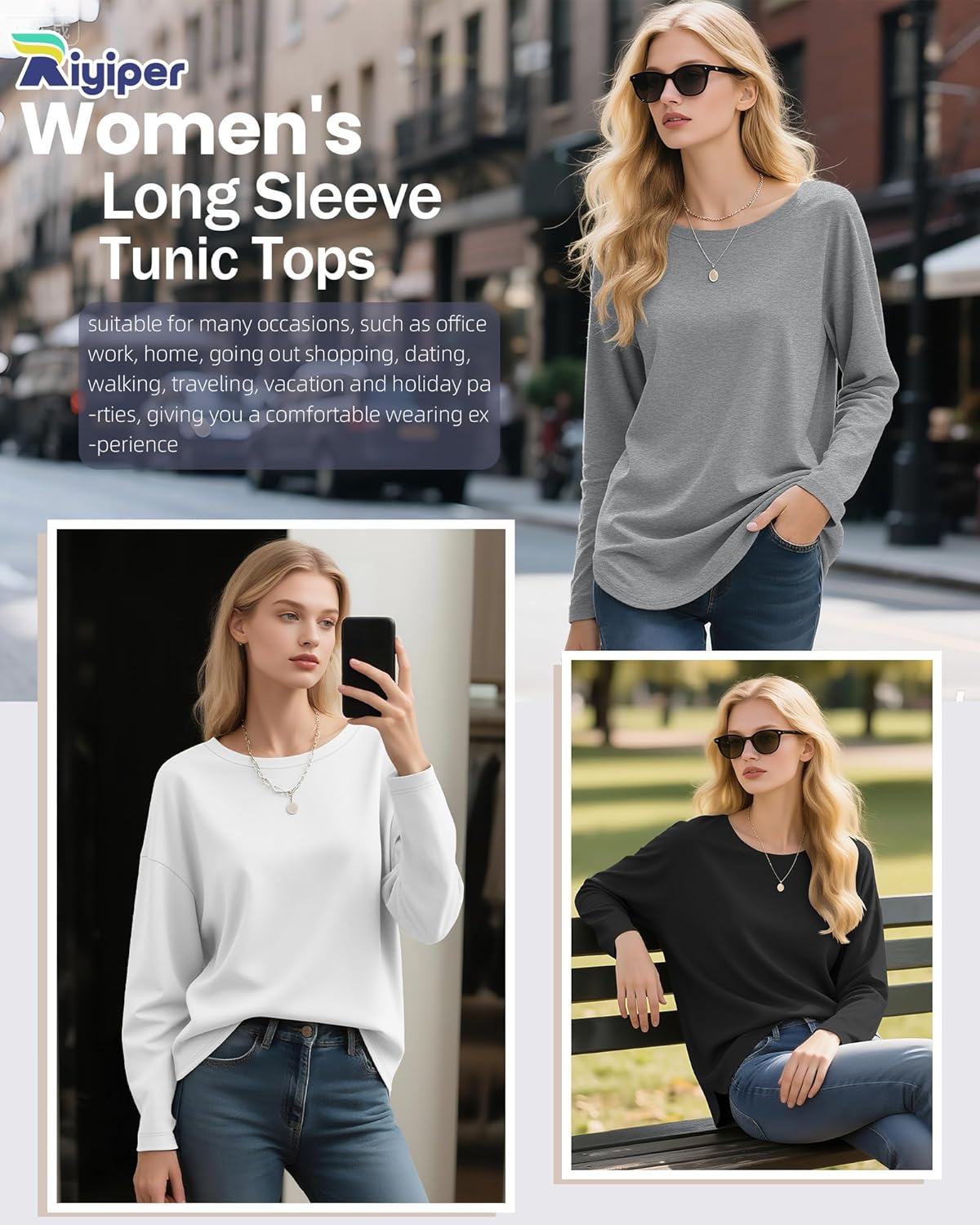 Riyiper 3 Pack Women's Long Sleeve Shirts Crew Neck Curved Hem Tunic Side Split Tops Loose Basic Tee Casual Sweatshirt - Image 3