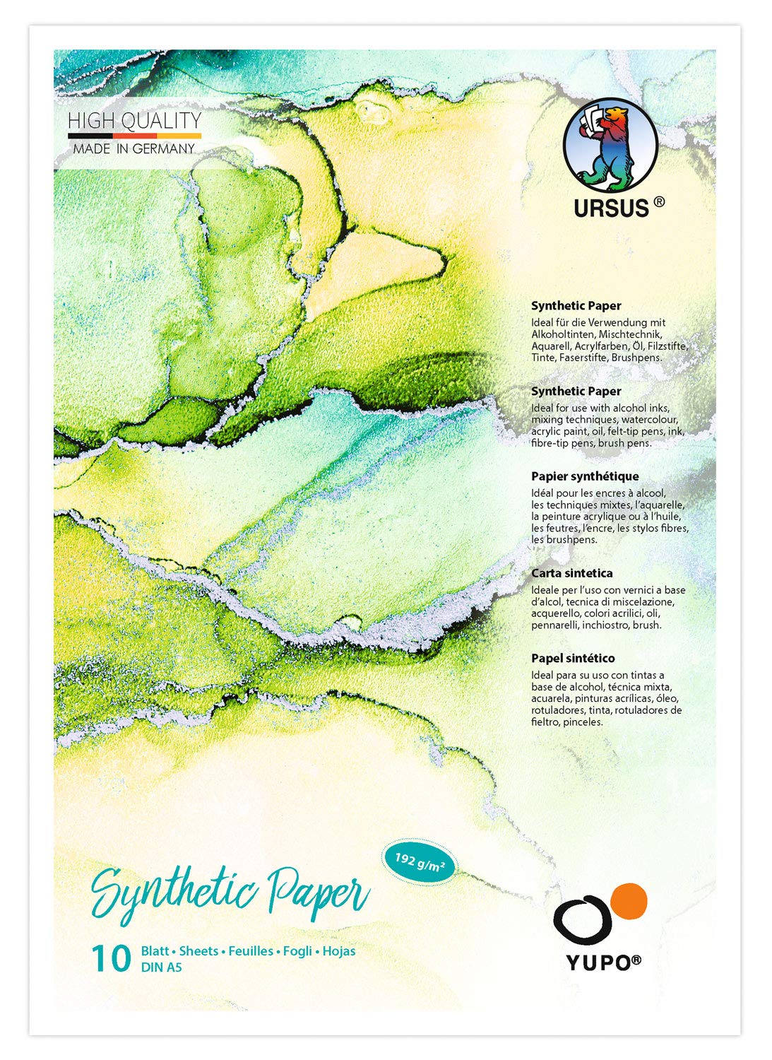 UrsusYupo Paper, 192 g, DIN A5, 10 Sheets, Synthetic, Smooth Surface, Tear-Resistant and Waterproof, UV Lightfast, Extremely Durable, 100% Recyclable, Versatile, White