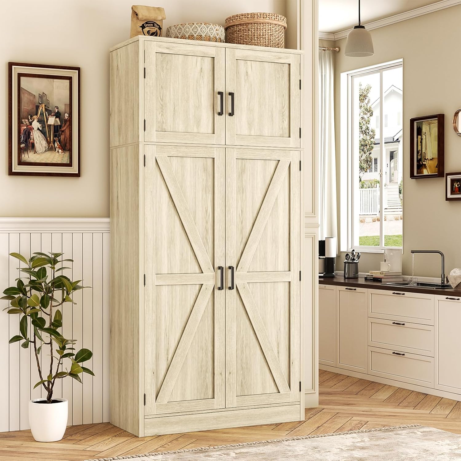 Unikito 71” Farmhouse Storage Cabinet, Large Kitchen Pantry Storage Cabinet with Adjustable Shelves and Barn Doors, Versatile Tall Storage Cupboard for Dinning Room, Bathroom, Living Room, Wash Gray