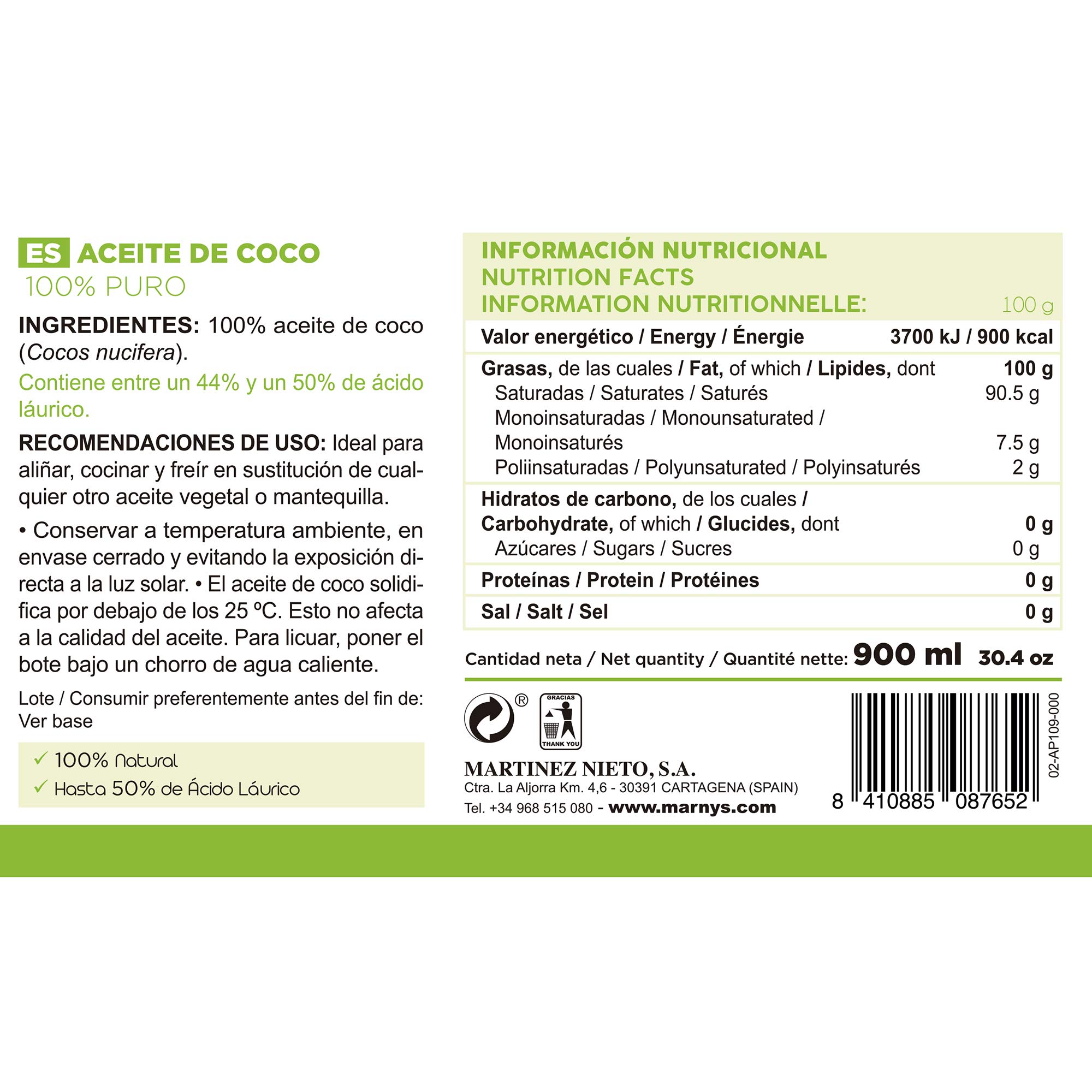 MARNYS Aceite de Coco Alimentario 100% Puro Natural 900ml