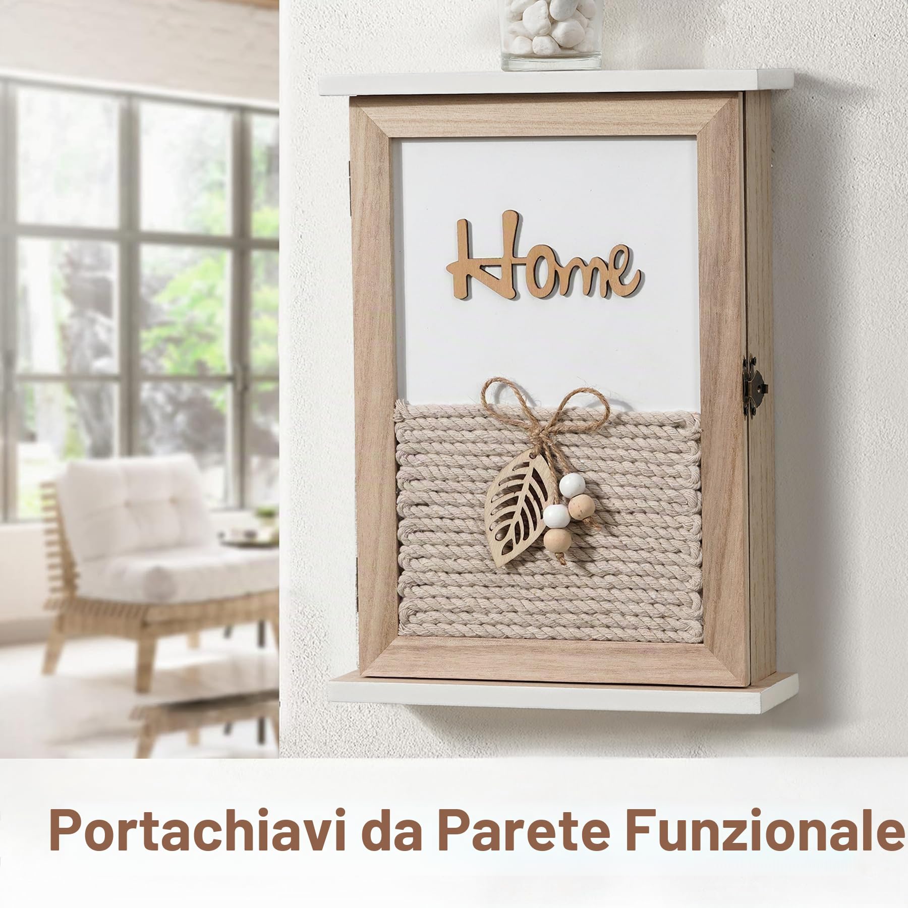 Armadietto portachiavi in legno con foglie, perline di legno e cordoncino di cotone, 6 ganci portachiavi, organizer da parete per ingresso, corridoio, ufficio, portachiavi, L, bianco