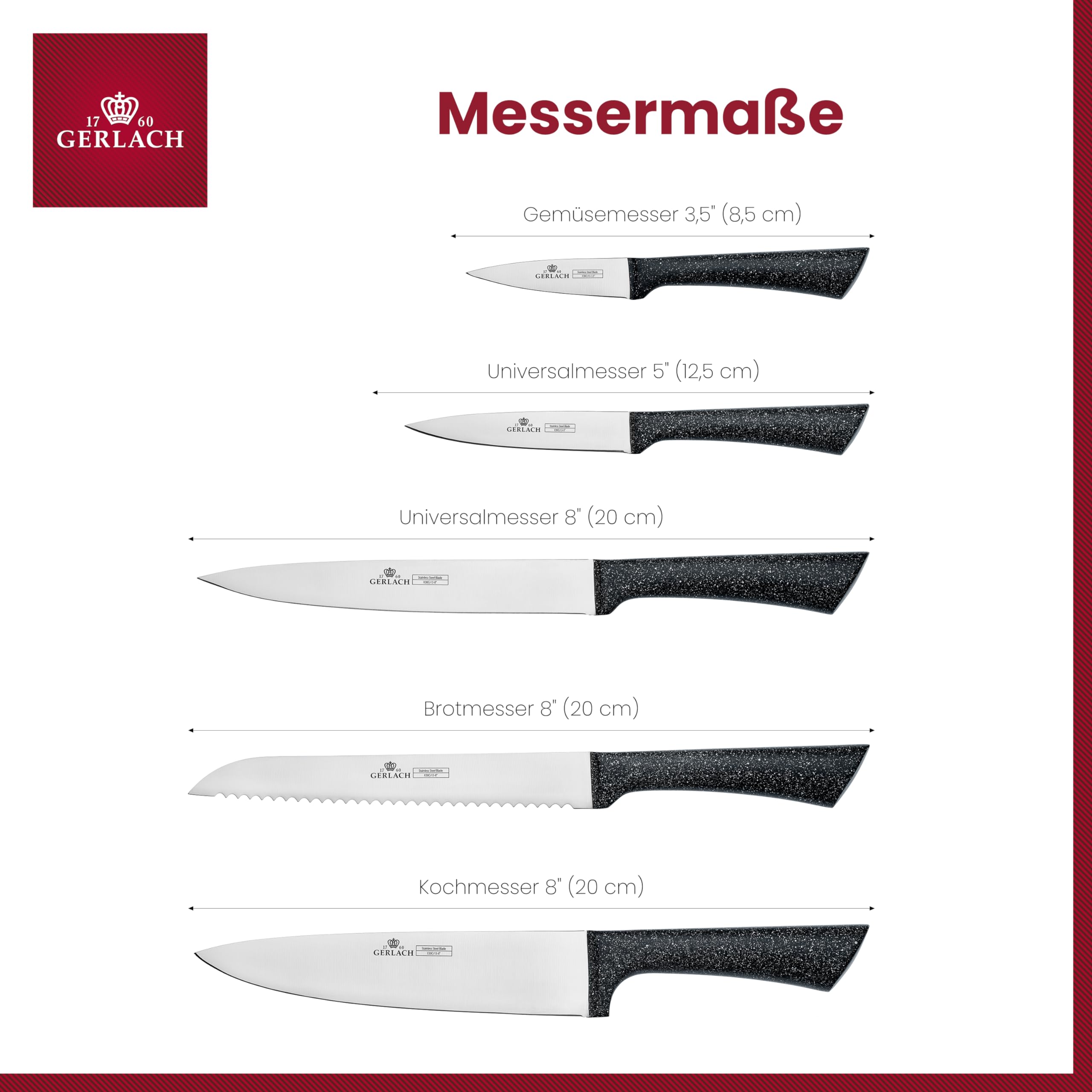 Gerlach Granitex Messerset Küchenmesserset 5 Messer aus Edelstahl Granitbeschichtet im Holzblock Küchenmesser Kochmesser Brotmesser Gemüsemesser Küche Küchenutensilien Küchenzubehör