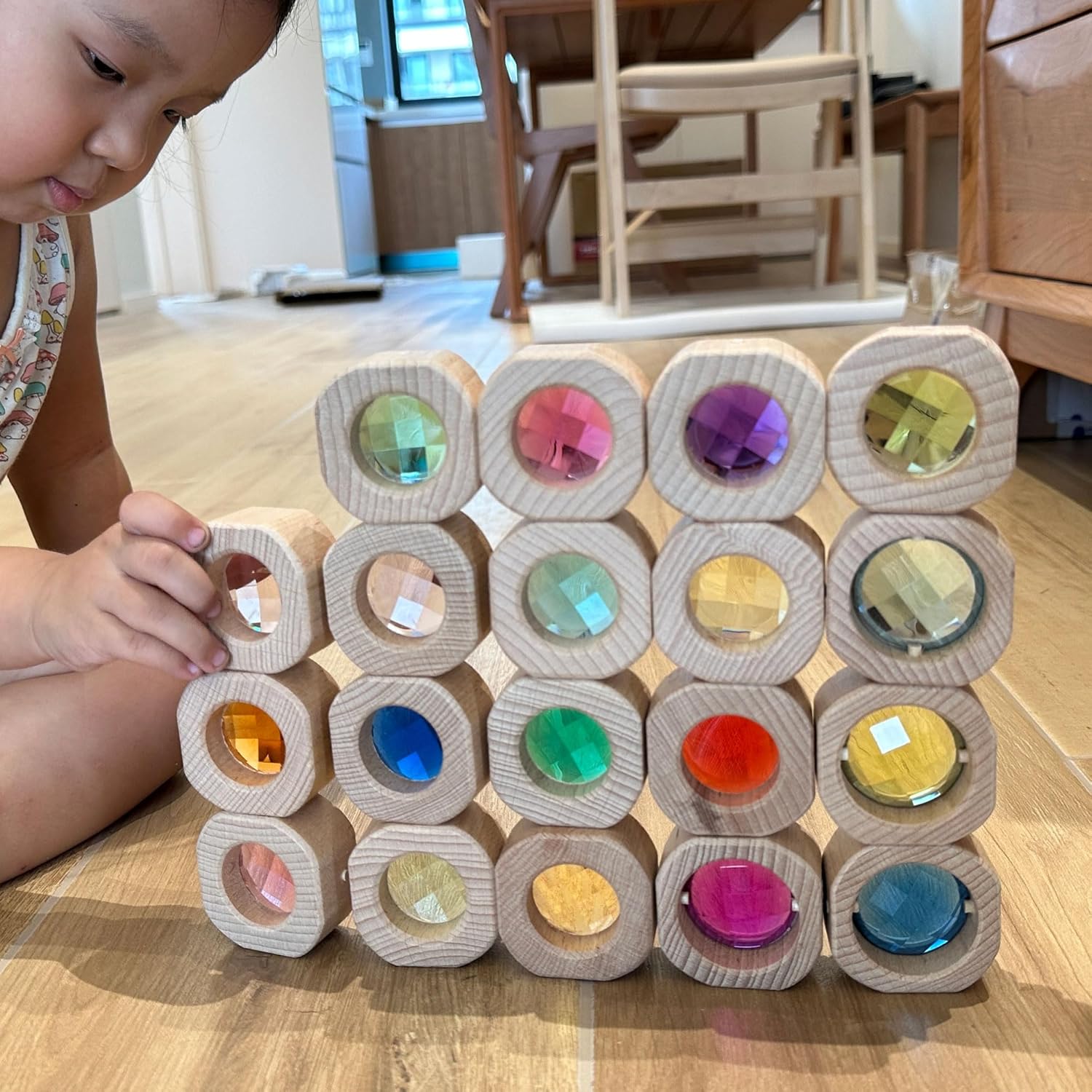 20PCS Wooden Gem Blocks Stacking Toys,Colorful Acrylic Windows Blocks, Rainbow Crystal Acrylic Building Cubes Educational Sensory Training Crystal Toys (20PCS Round Gem Blocks)