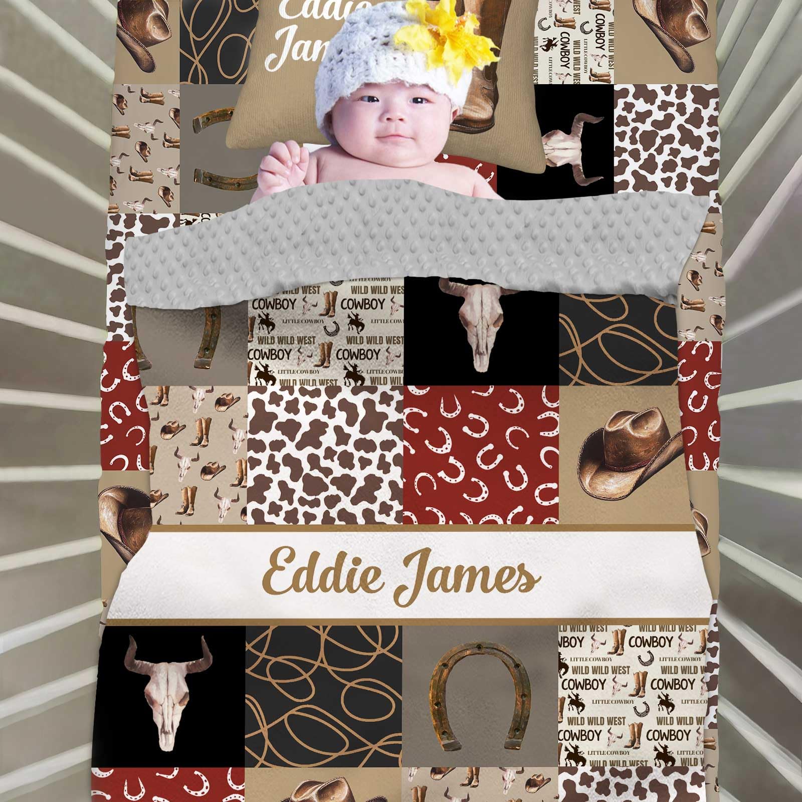Personalized Crib Bedding Set for Boys with Name, Custom Western Cowboy 3 Piece Baby Crib Sets, Minky Dotted Backing Blanket, Fitted Sheet, Pillowcase, Nursery Crib Set for Newborn Toddler Infant