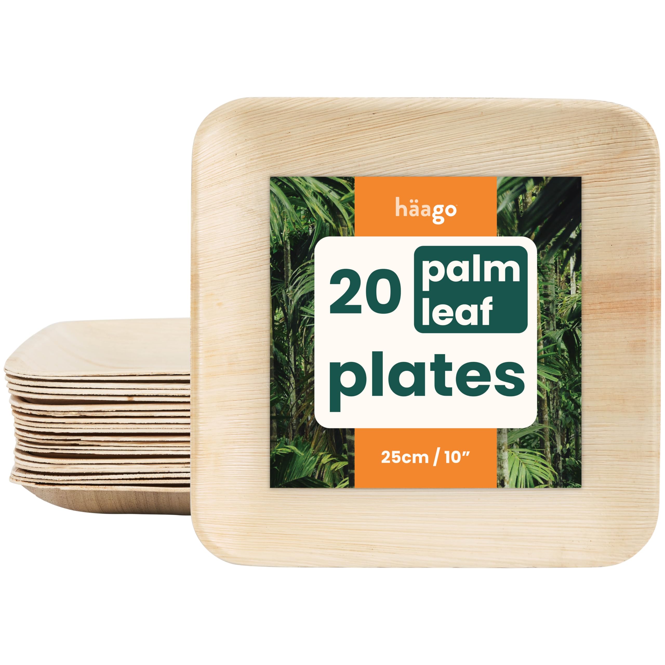 HAAGO 20 Platos Desechables Hoja de Palma 25cm (10") Cuadrados – Platos Desechables, Aspecto Madera/Bambú - Aptos Microondas y Congelador – Biodegradables y Compostables – Fiesta, Picnic, BBQ, Boda
