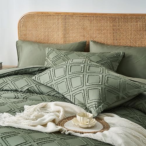 Miniatura 4 de Davulos Juego de edredón tamaño King de 7 piezas en una bolsa, juego de edredón y sábanas copetudas color verde oliva, juego de cama con textura de