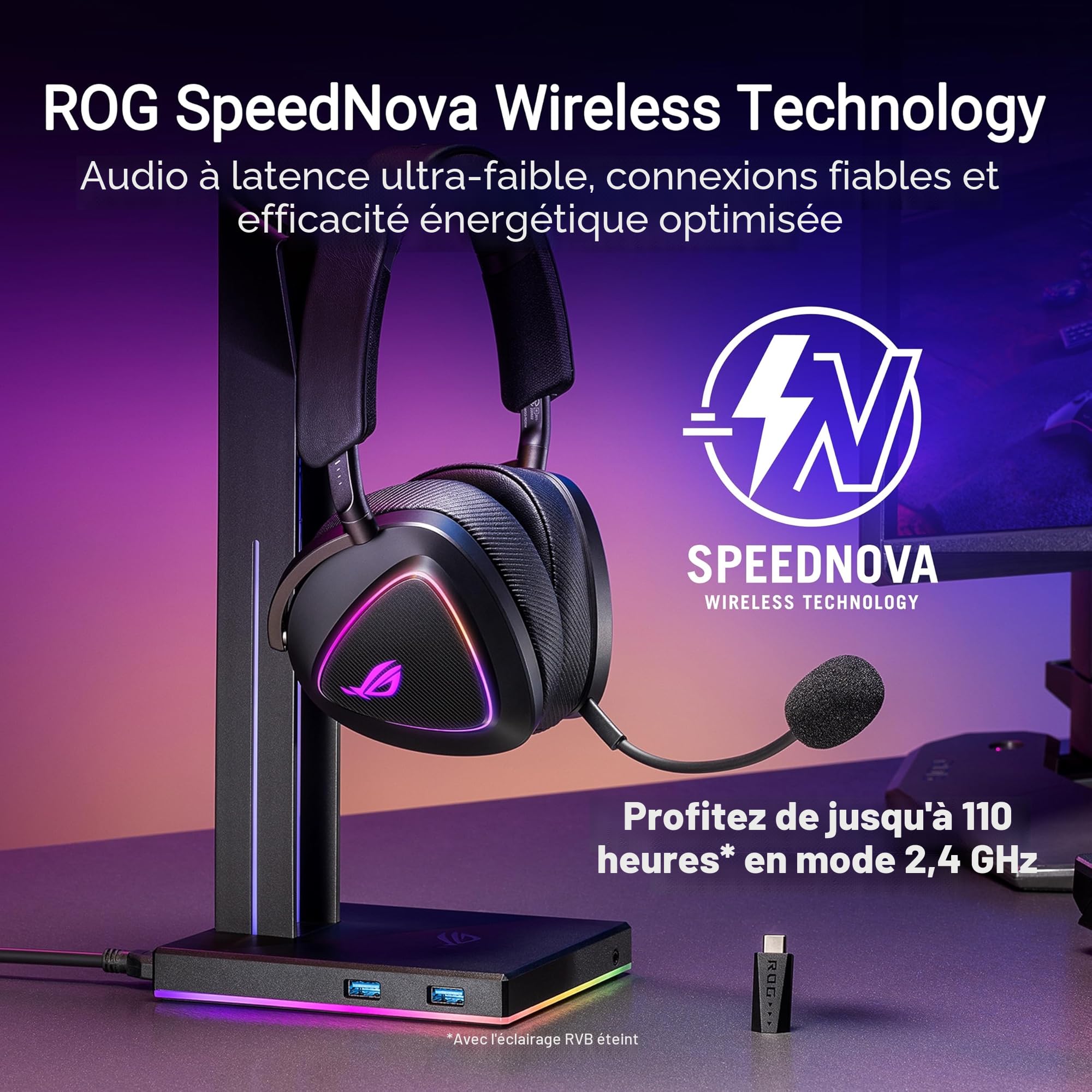 ASUS - ROG Delta II - Casque Gaming sans Fil - connectivité tri-Mode avec ROG Speednova, membranes de 50mm plaquées en Titane, jusqu'à 110 Heures d'autonomie de Batterie, Conception légère