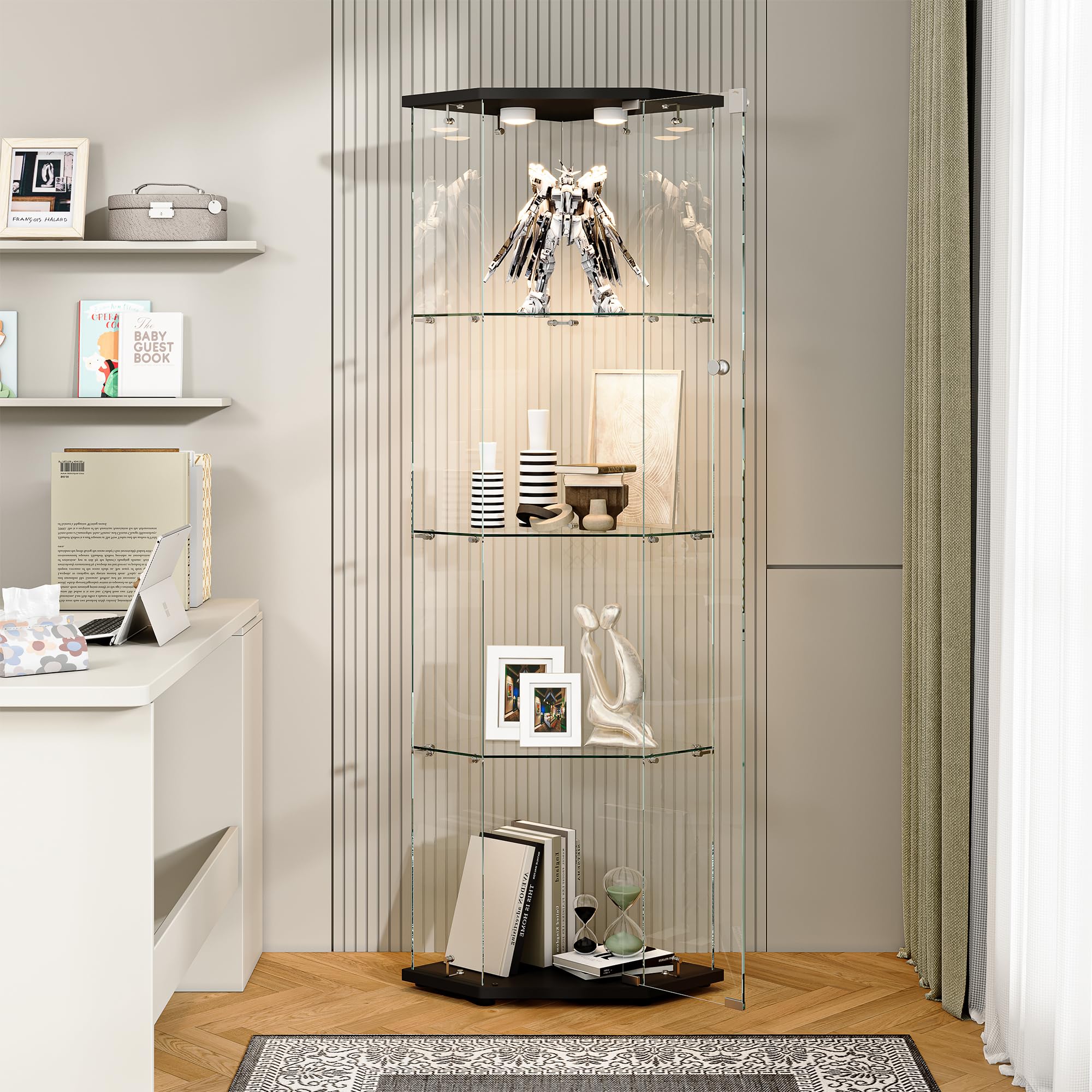 Vetrina Angolare in Vetro con illuminazione a LED, Espositiva Vetrina a 4 Strati da Collezione con Serratura, per Oggetti da Collezione, Libri, 4 Ripiani 1 Ante, Nero A
