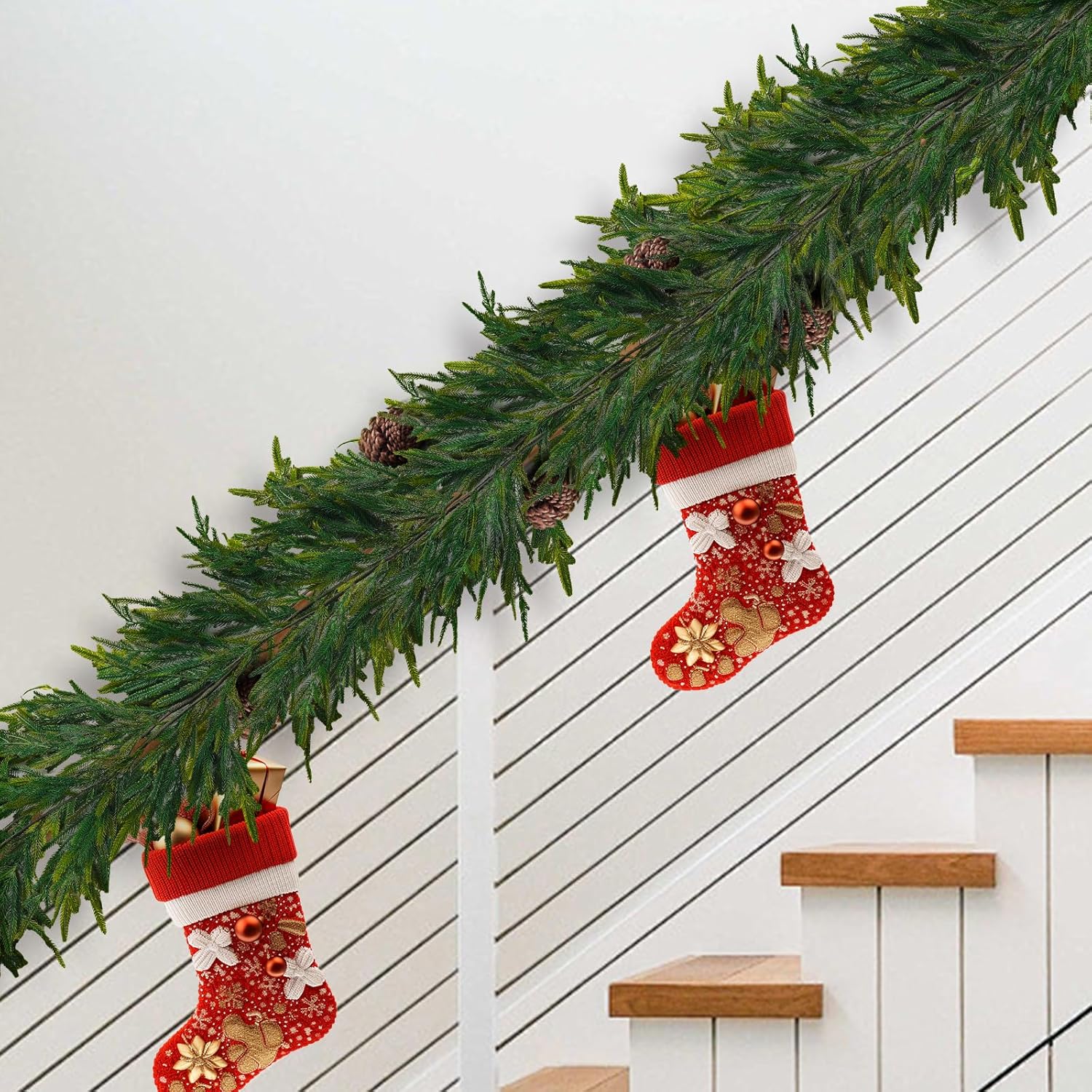 Christmas Garlands w/Pinecones 6 Ft, Artificial Norfolk Pine Garlands, Real Touch Winter Garland, Xmas Realistic Greenery Garland for Table Wall Fireplace Stair Indoor Outdoor Holiday Christmas Decor - Image 7