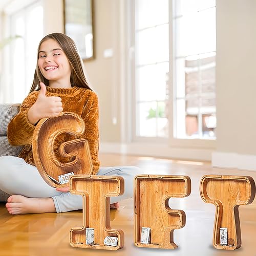 Miniatura 5 de Alcancías de madera extra grandes de 12 pulgadas  Alcancías para niños y niñas, bancos de dinero del alfabeto con inicial D  Banco de billetes para