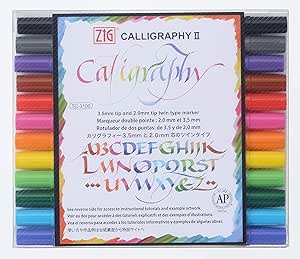 Kuretake ZIG Calligraphy Marker Pens, 12 Colors set, 2mm. &amp; 3.5mm Dual Tip Markers, AP-Certified, Photo-Safe, Acid Free, Lightfast, Odourless, For Beginners, Made in Japan (Water-based dye ink)