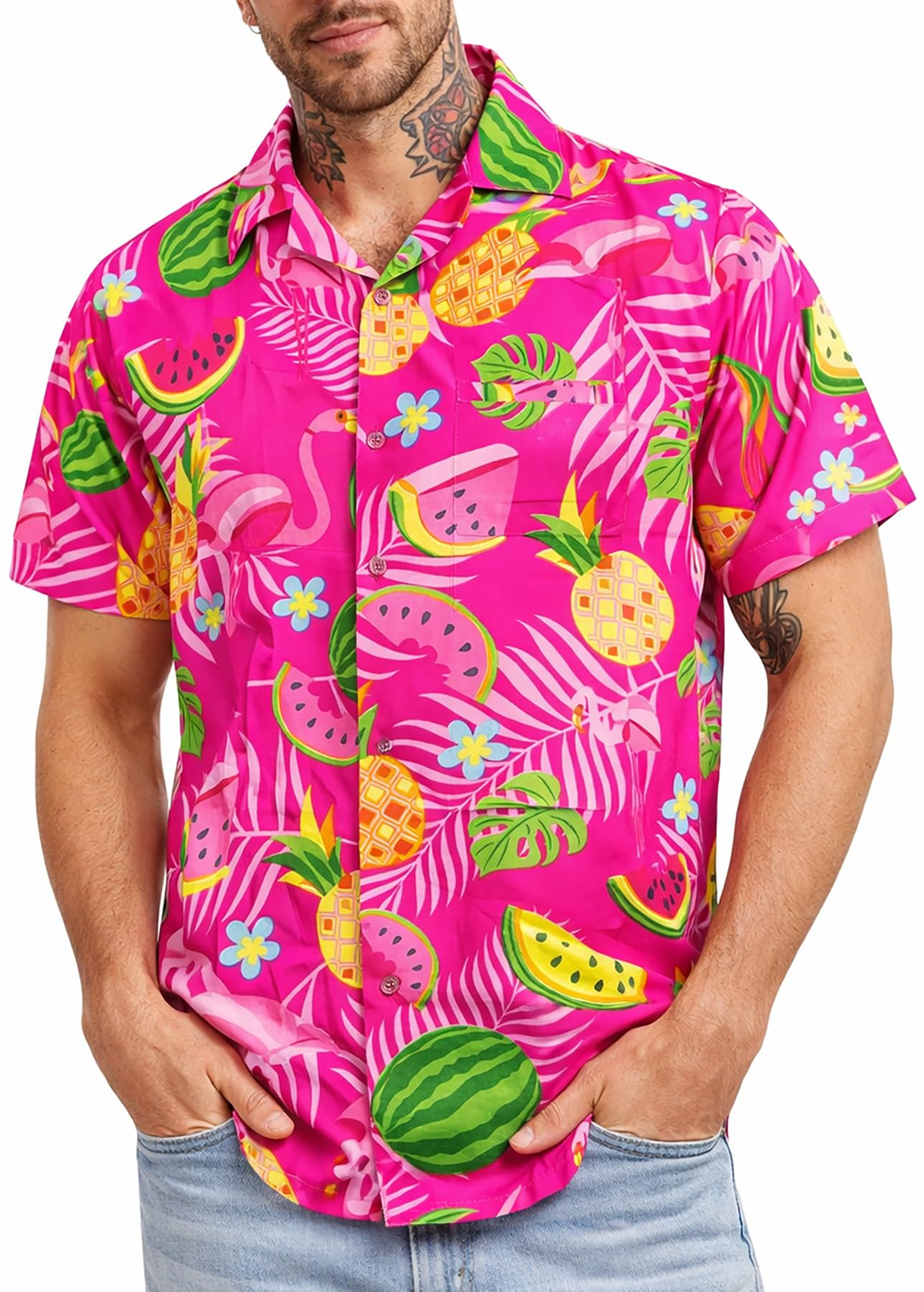 King Kameha Hawaiian Shirt for Men – Tropical Men’s Hawaiian Shirt Short Sleeve, Flamingo Melon, Pink, 6XL