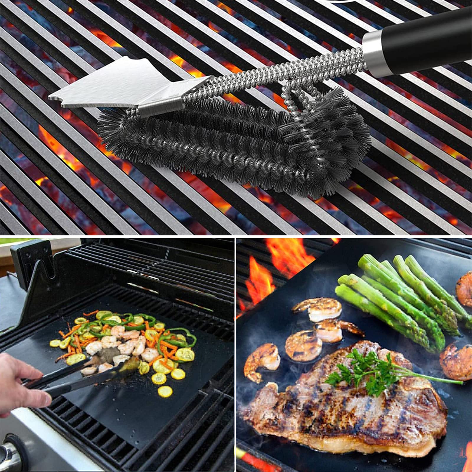 Miedziana mata do grillowania i szczotka do grilla nieprzywierająca mata do grillowania i maty do pieczenia – wielokrotnego użytku, łatwe do czyszczenia – PTFE Teflonowy grill z włókna teflonowego do grilla gazowego/węgla drzewnego, czarne