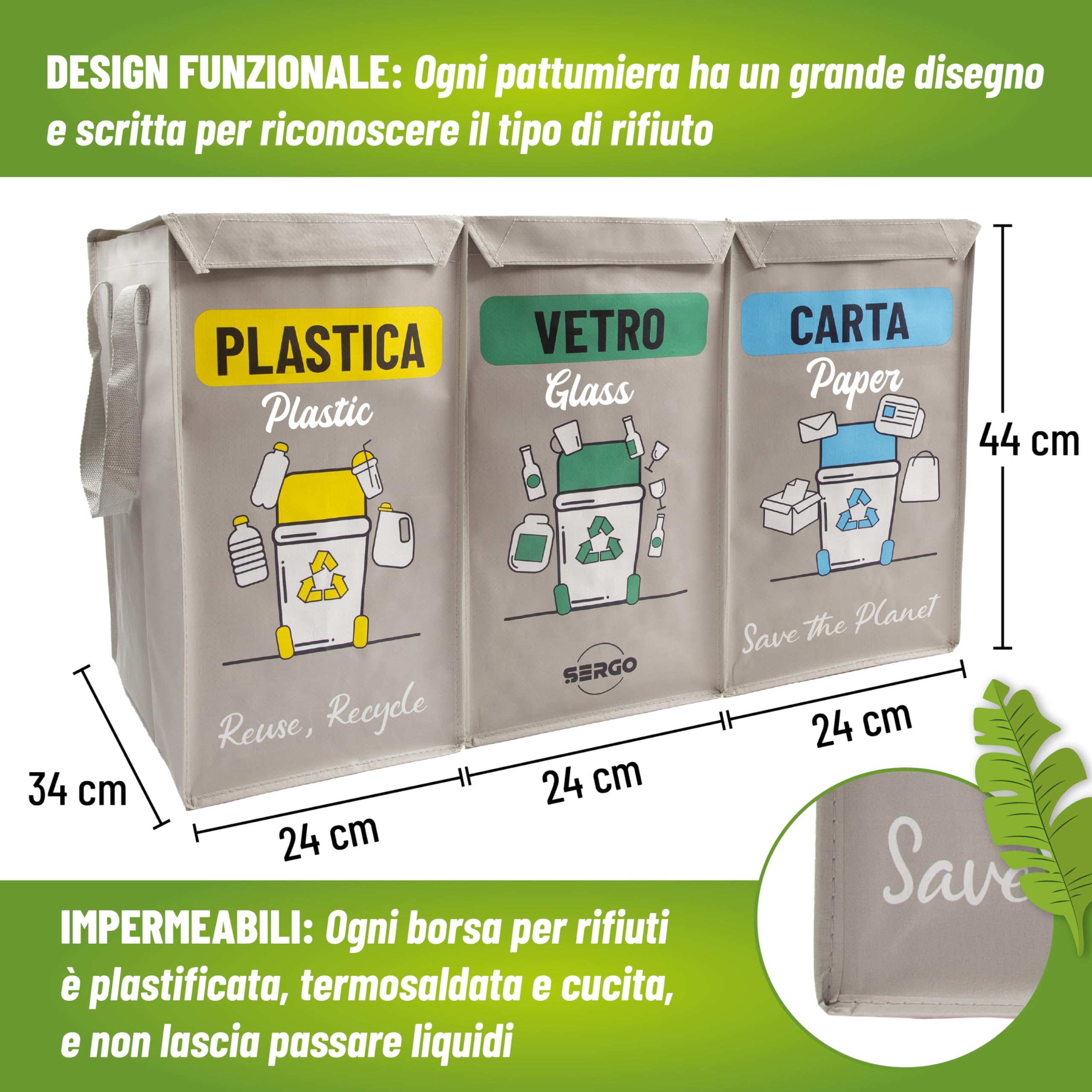 SERGO Borse Raccolta Differenziata con Coperchio - Contenitori Differenziata Interno e Esterno per Plastica, Carta e Vetro - Pattumiera differenziata 3 scomparti color Grigio chiaro