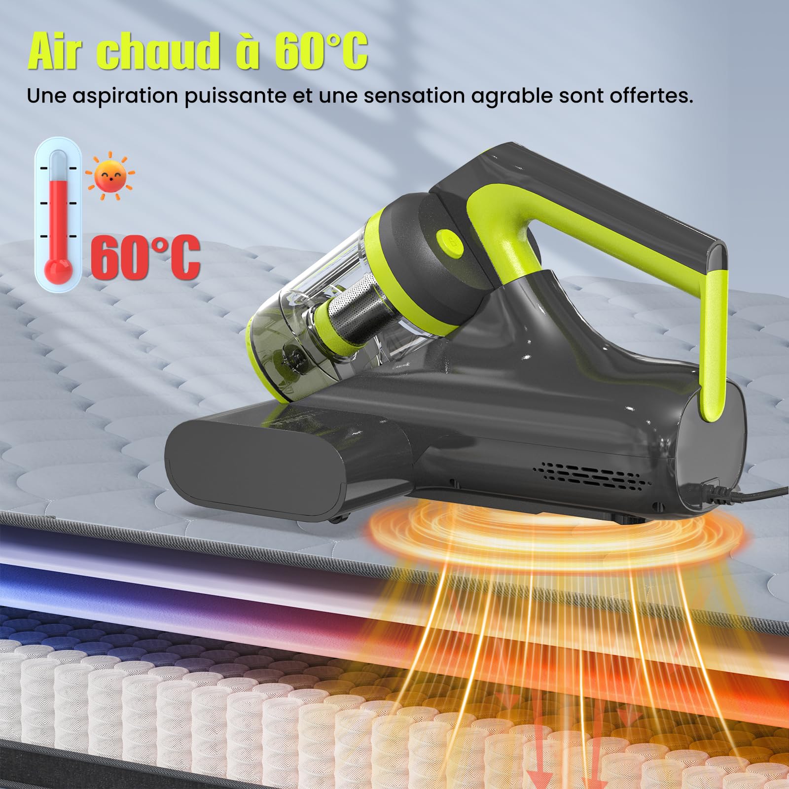 Aspirateur Matelas Aspirateur Anti Acariens - 16kPa Aspirateur à Main avec Lumière UV-C Chauffage Fonction Filtre HEPA Antibactérien Puissance d'aspiration pour Matelas,Textiles,Meubles de Canapé